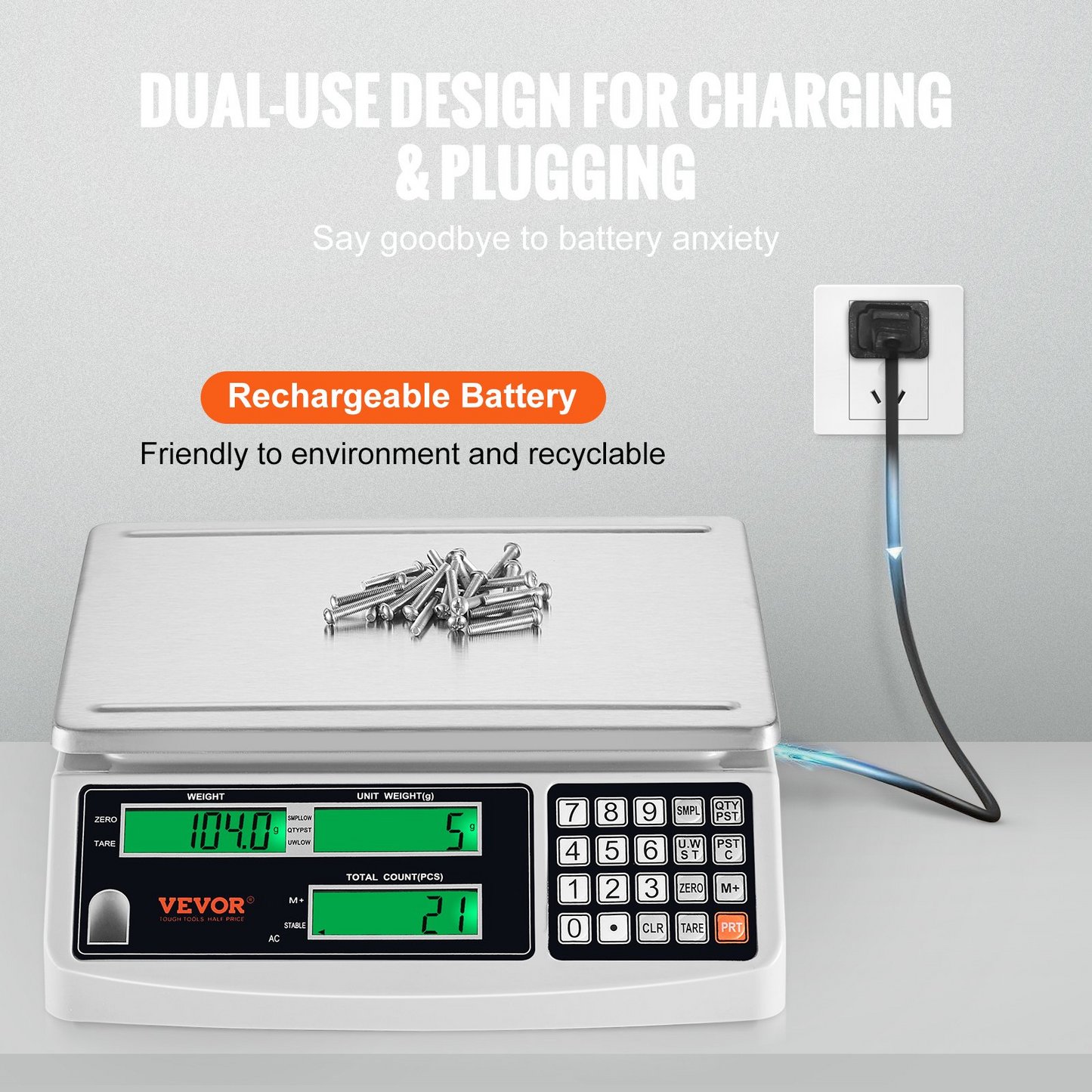 VEVOR Industrial Counting Scale, 30 kg x 1 g, Digital Scale for Parts and Coins, g/kg/lb Units, Electronic Gram Scale Inventory Counting Scale Kitchen Jewelry Scale with RS232 Port and 3 LCD Screens