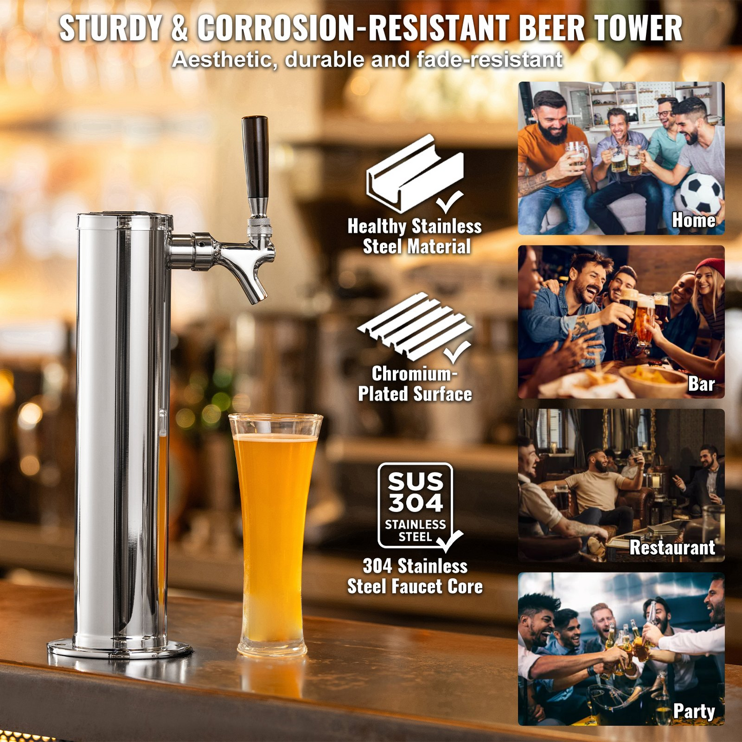 VEVOR Kegerator Tower Kit, Single Tap Beer Conversion Kit, Stainless Steel Keg Beer Tower Dispenser with Dual Gauge CGA320 Regulator & D-System Keg Coupler, Self-Closing Spring for Party Bar Home