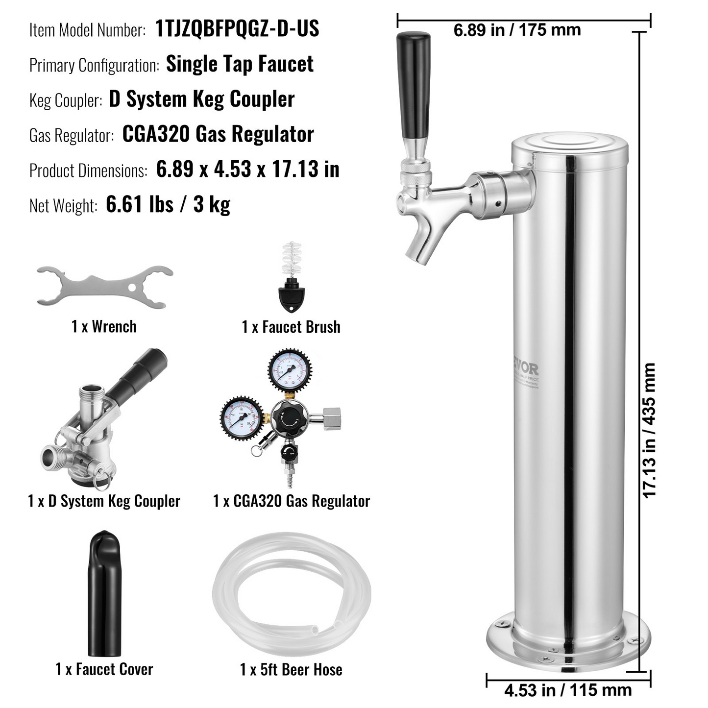 VEVOR Kegerator Tower Kit, Single Tap Beer Conversion Kit, Stainless Steel Keg Beer Tower Dispenser with Dual Gauge CGA320 Regulator & D-System Keg Coupler, Self-Closing Spring for Party Bar Home