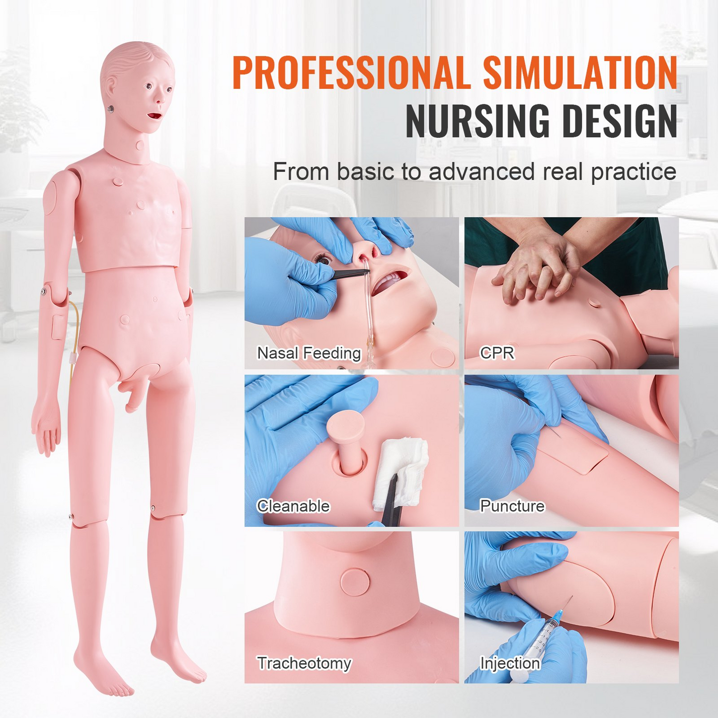 VEVOR Nursing Training Manikin, Male Life Size Demonstration Human Manikin for Nursing Training, Multifunctional Education Teaching Model Supplies, PVC Anatomical Mannequin Body Care Simulator Model