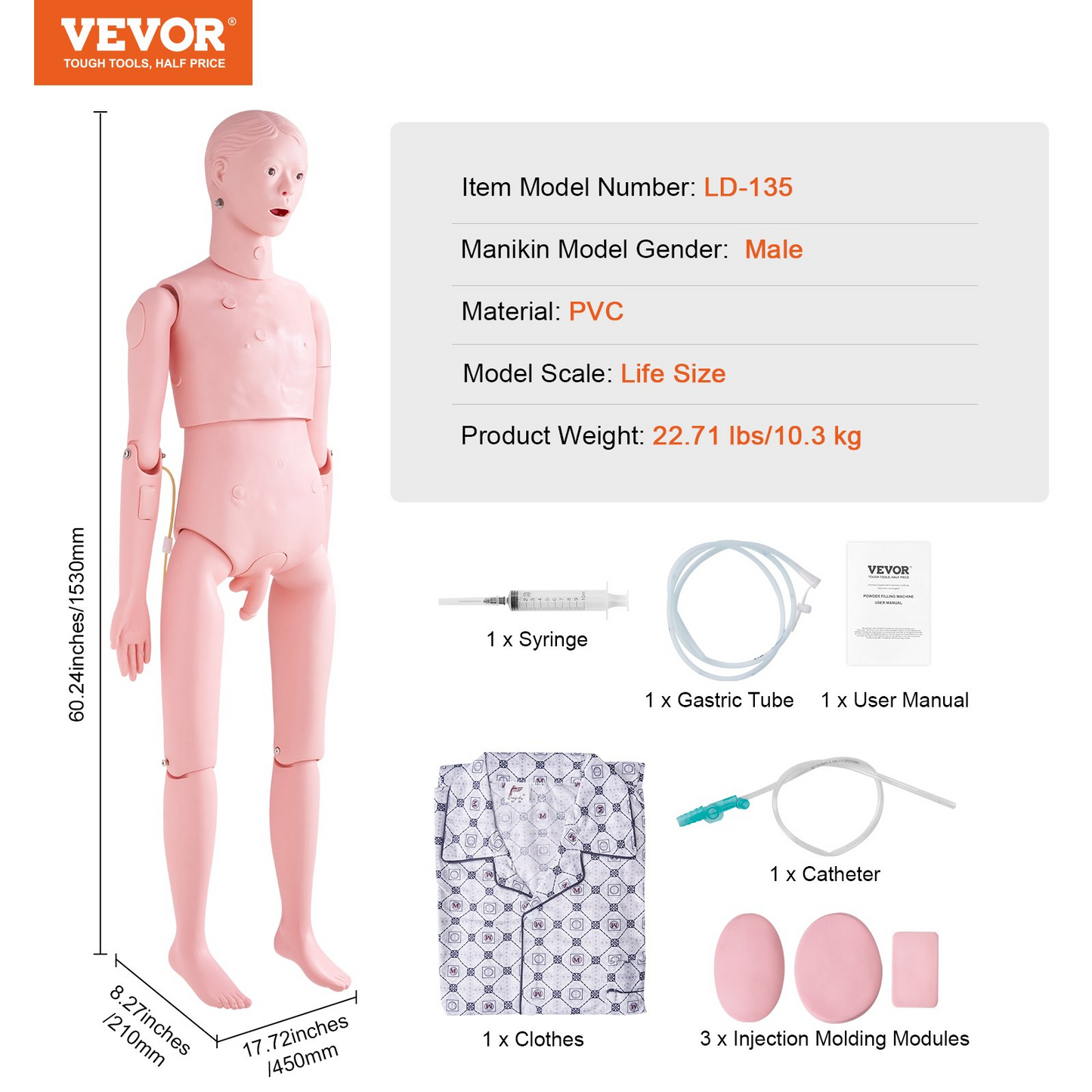 VEVOR Nursing Training Manikin, Male Life Size Demonstration Human Manikin for Nursing Training, Multifunctional Education Teaching Model Supplies, PVC Anatomical Mannequin Body Care Simulator Model