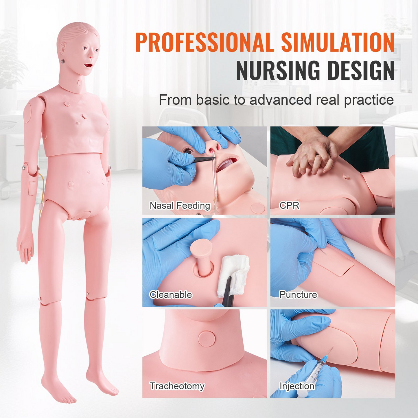 VEVOR Nursing Training Manikin, Female Life Size Demonstration Human Manikin for Nursing Training, Multifunctional Education Teaching Model Supplies, PVC Anatomical Mannequin Body Care Simulator Model