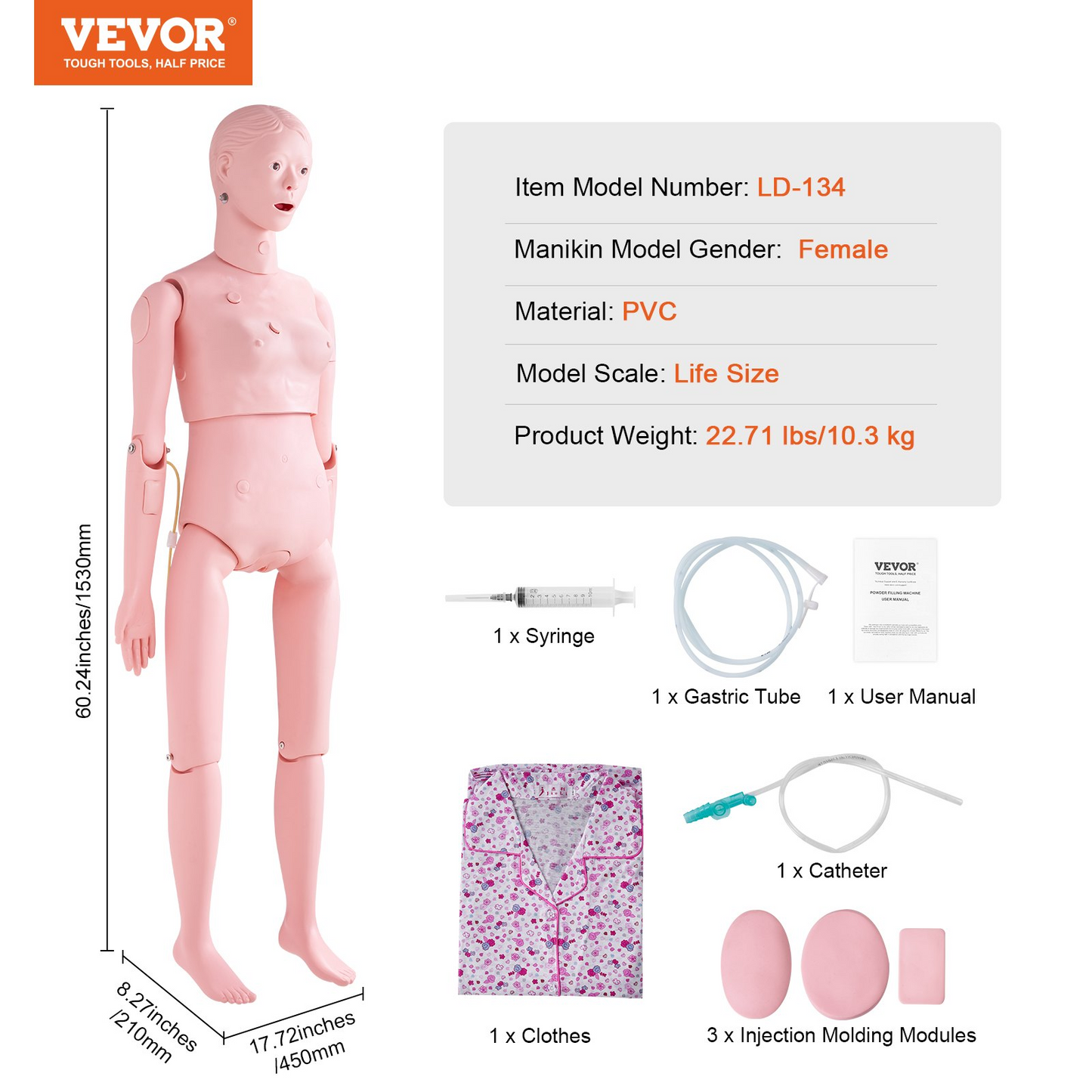 VEVOR Nursing Training Manikin, Female Life Size Demonstration Human Manikin for Nursing Training, Multifunctional Education Teaching Model Supplies, PVC Anatomical Mannequin Body Care Simulator Model