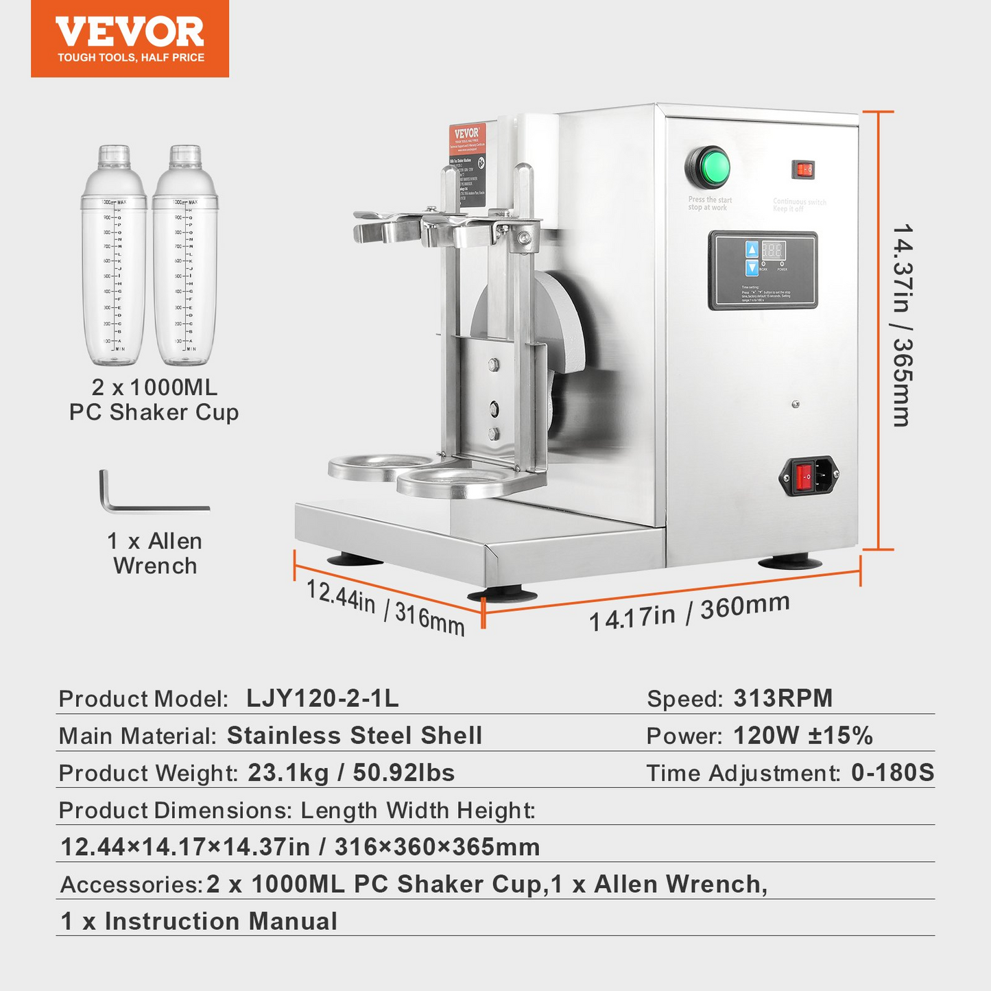 VEVOR Milkshake Maker Machine, 120W Commercial Milk Tea Shaker Machine, Double Head Milk Shake Mixer Machine, 0-180s Adjustable Milkshake Blender, with 1 L PC Cup, for Milk Tea Store