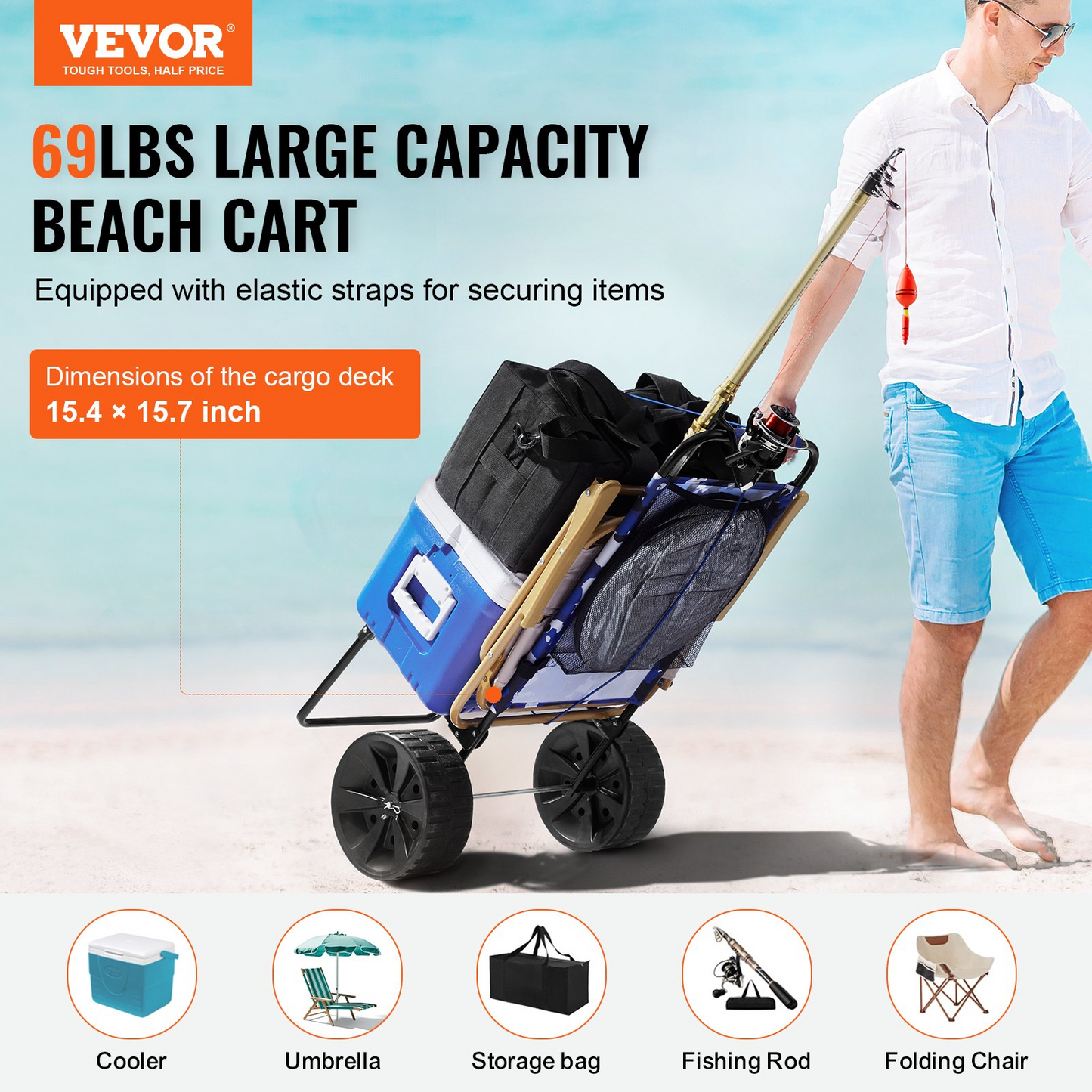 VEVOR Beach Dolly with Big Wheels for Sand, 15.4" x 15.7" Cargo Deck, w/ 10" PE Solid Wheels, 69LBS Loading Capacity Folding Sand Cart, Heavy Duty Cart for Picnic, Camping, Fishing, Beach, Gardening