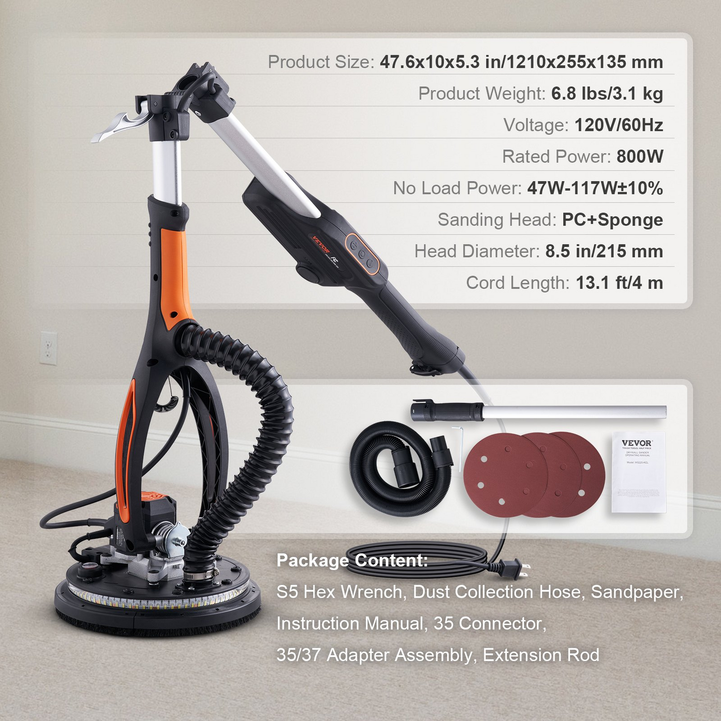 VEVOR Drywall Sander 800W Brushless Motor 1000-2300RPM Variable Speed