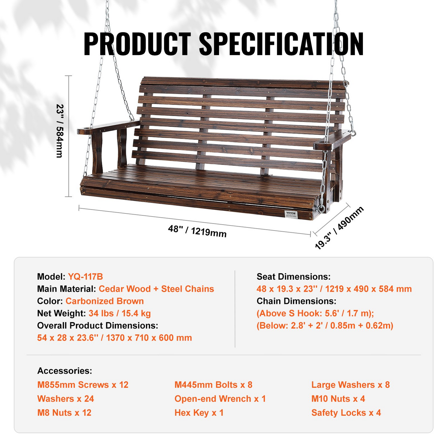 VEVOR Wooden Porch Swing 4.5 ft, Patio bench swing for Courtyard & Garden, Upgraded 880 lbs Strong Load Capacity, Heavy Duty Swing Chair Bench with Hanging Chains for Outdoors, Carbonized Brown