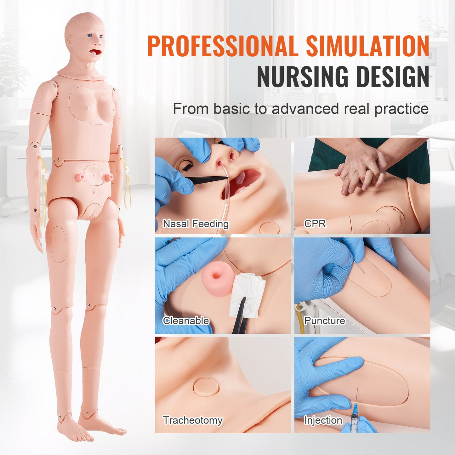 VEVOR Nursing Training Manikin, Male/Female Life Size Demonstration Human Manikin for Nursing Training, Multifunctional Education Teaching Model, PVC Anatomical Mannequin Body Care Simulator Model