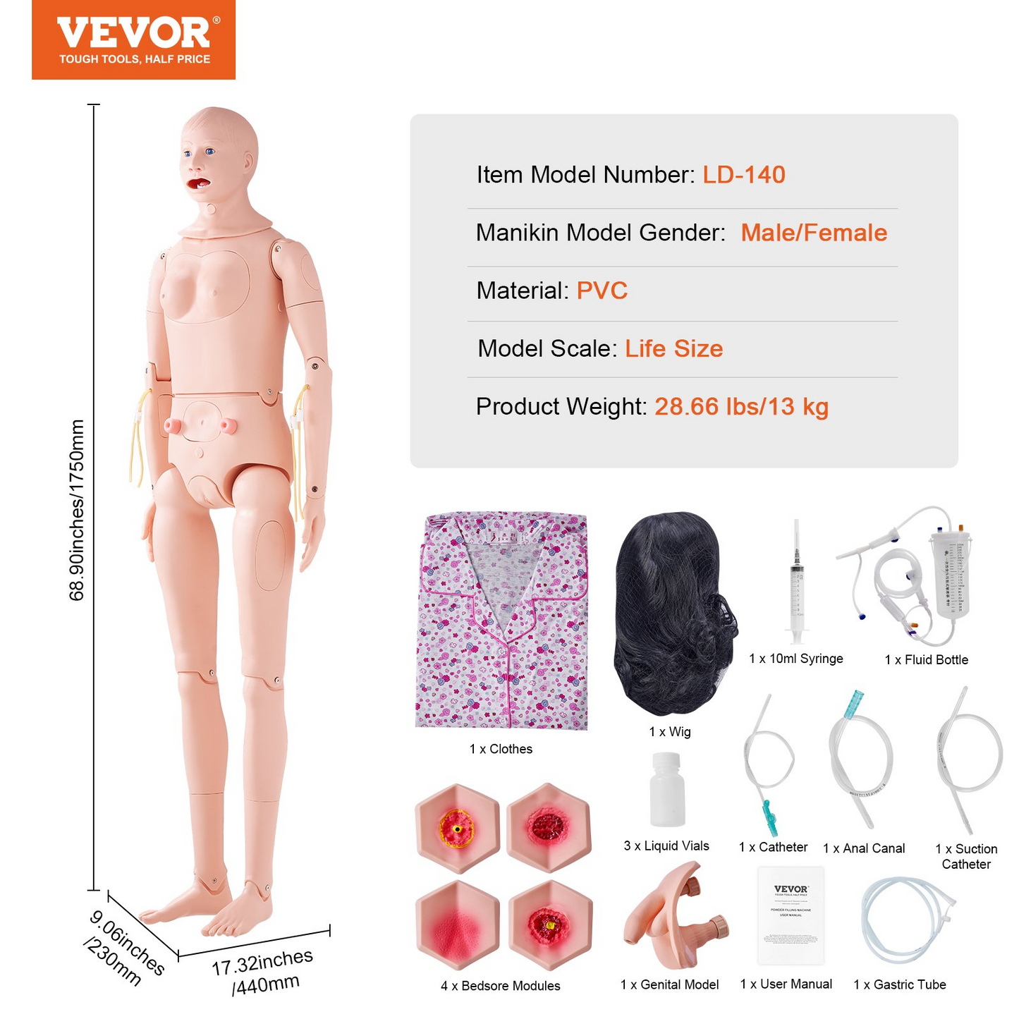 VEVOR Nursing Training Manikin, Male/Female Life Size Demonstration Human Manikin for Nursing Training, Multifunctional Education Teaching Model, PVC Anatomical Mannequin Body Care Simulator Model