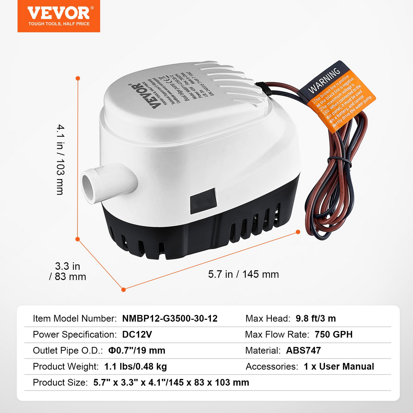 VEVOR Bilge Pump, 750GPH 12V Automatic Submersible Boat Bilge Water Pump with Float Switch, 0.7" Outlet Diameter, Small Boat Bilge Pump, Marine Electric Bilge Pump for Boats, Ponds, Pools, Basements