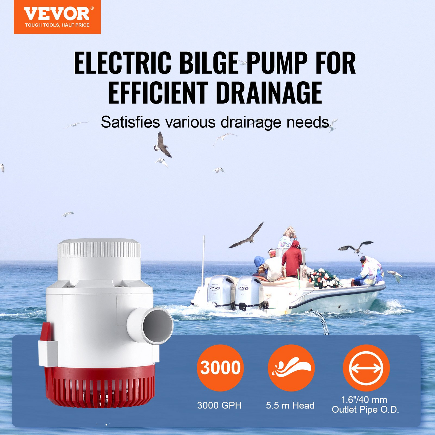 VEVOR Bilge Pump, 3000GPH 12V Automatic Submersible Boat Bilge Water Pump with Float Switch, 1.6" Outlet Diameter, Small Boat Bilge Pump, Marine Electric Bilge Pump for Boats, Ponds, Pools, Basements