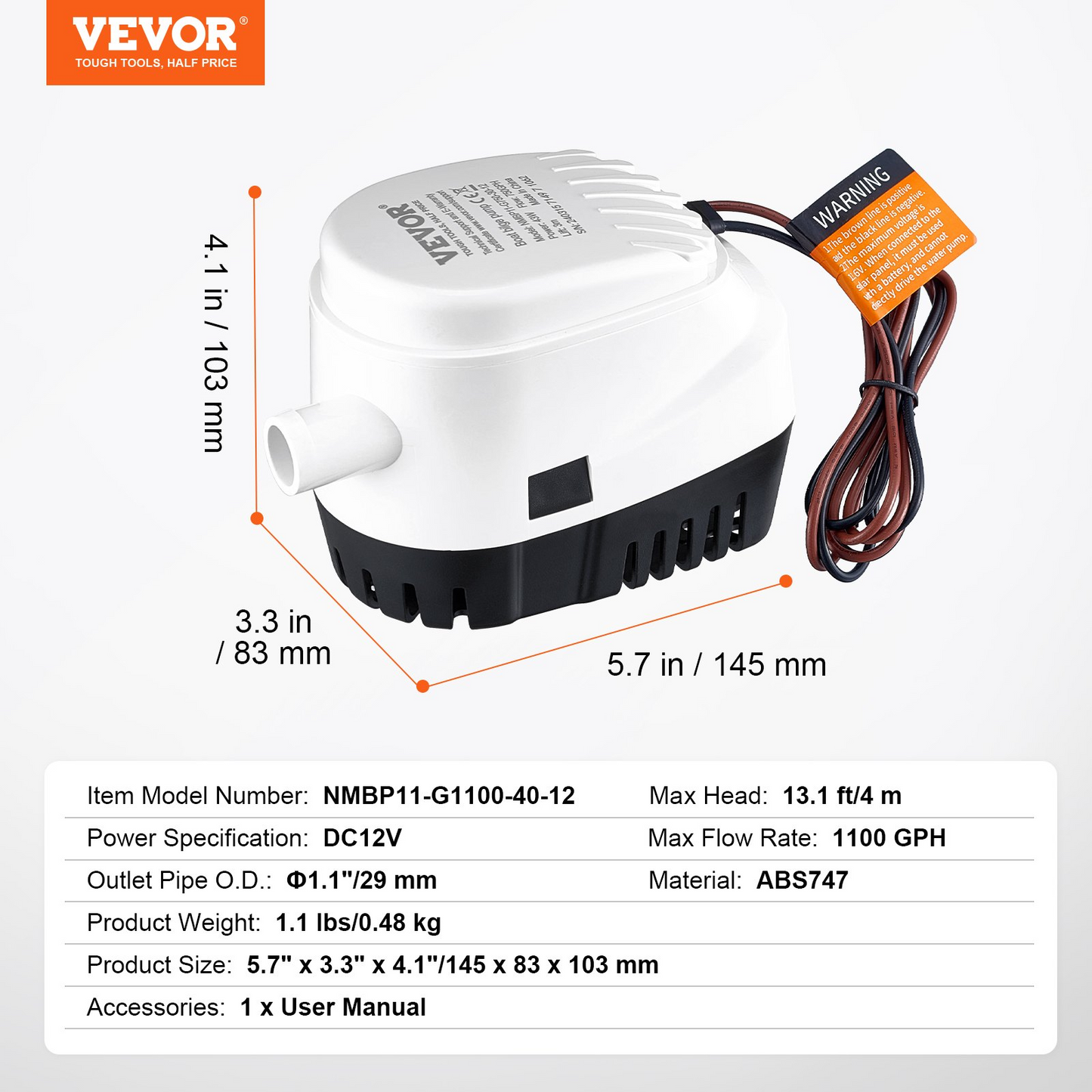 VEVOR Bilge Pump, 1100GPH 12V Automatic Submersible Boat Bilge Water Pump with Float Switch, 1.1" Outlet Diameter, Small Boat Bilge Pump, Marine Electric Bilge Pump for Boats, Ponds, Pools, Basements