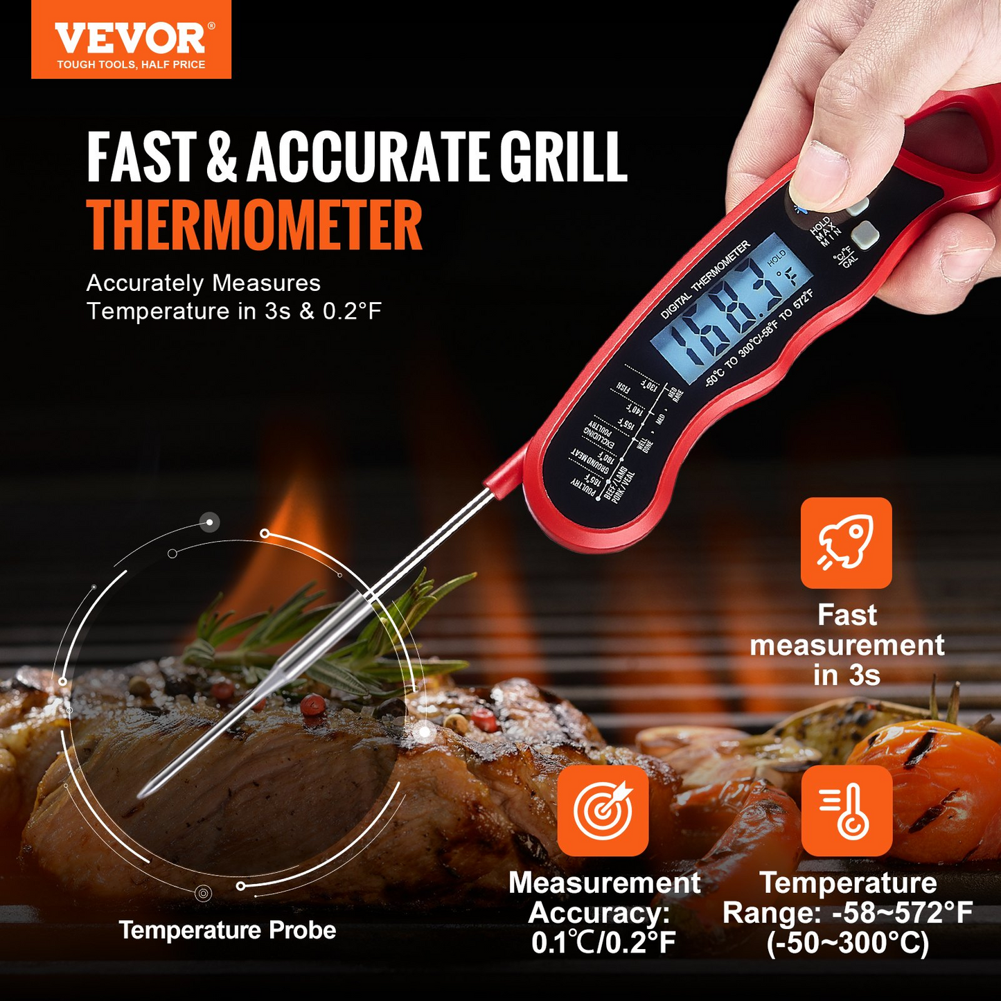 VEVOR Grillers Instant Read Meat Thermometer for Grill and Cooking, Best Waterproof Ultra Fast Thermometer with Backlight & Calibration, Digital Food Probe for Kitchen, Outdoor Grilling and BBQ