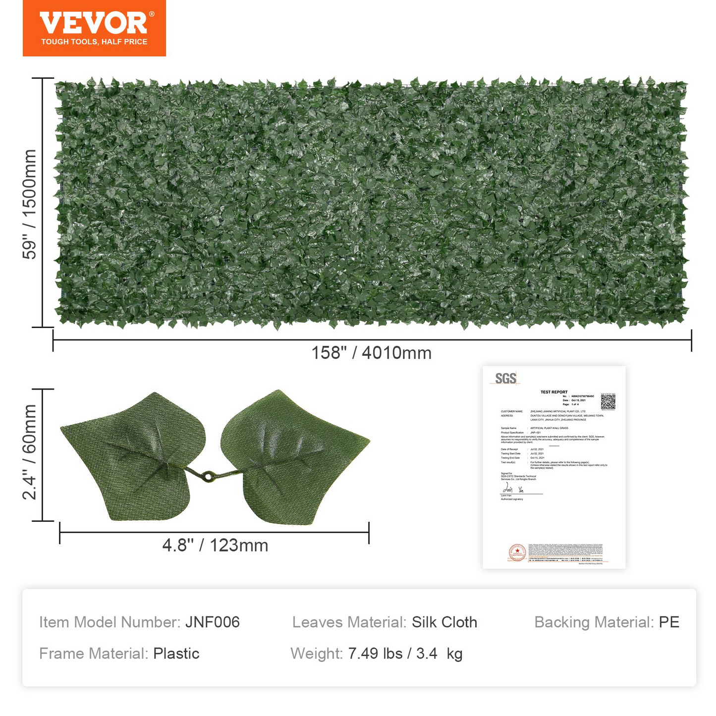 VEVOR Ivy Privacy Fence, 59 x 158in Artificial Green Wall Screen, Greenery Ivy Fence w/ Mesh Cloth Backing and Strengthened Joint, Faux Hedges Vine Leaf Decoration for Outdoor Garden, Yard, Balcony