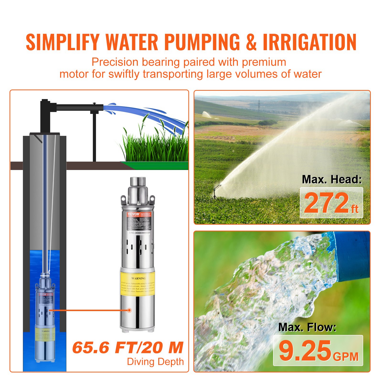 VEVOR Solar Water Pump, 24V DC 277W Submersible Deep Well Pump, Max Flow 9.25 GPM, Max Head 272 ft, Max Submersion 65.6 ft, Solar Powered Water Pump for Well, Farm Ranch Irrigation, Livestock Drinking