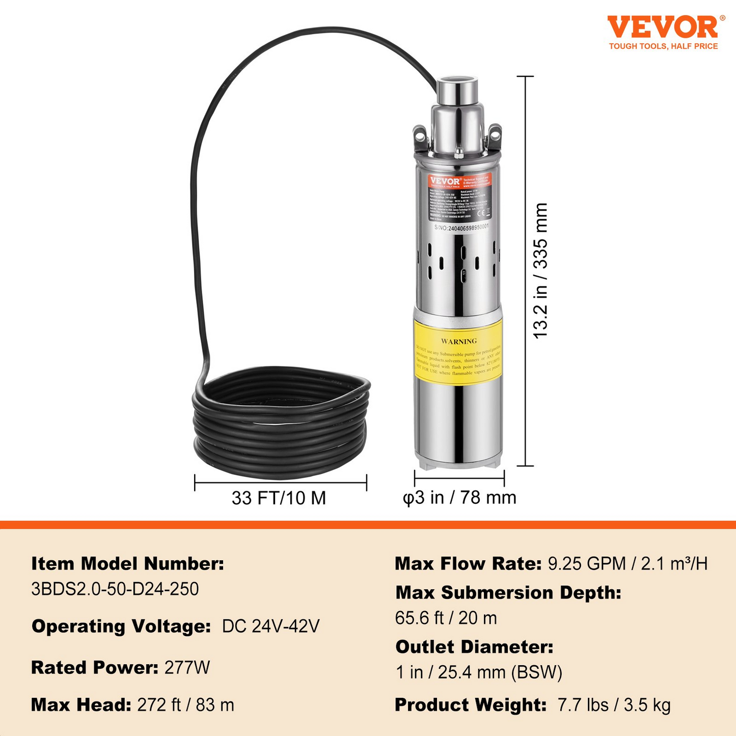 VEVOR Solar Water Pump, 24V DC 277W Submersible Deep Well Pump, Max Flow 9.25 GPM, Max Head 272 ft, Max Submersion 65.6 ft, Solar Powered Water Pump for Well, Farm Ranch Irrigation, Livestock Drinking