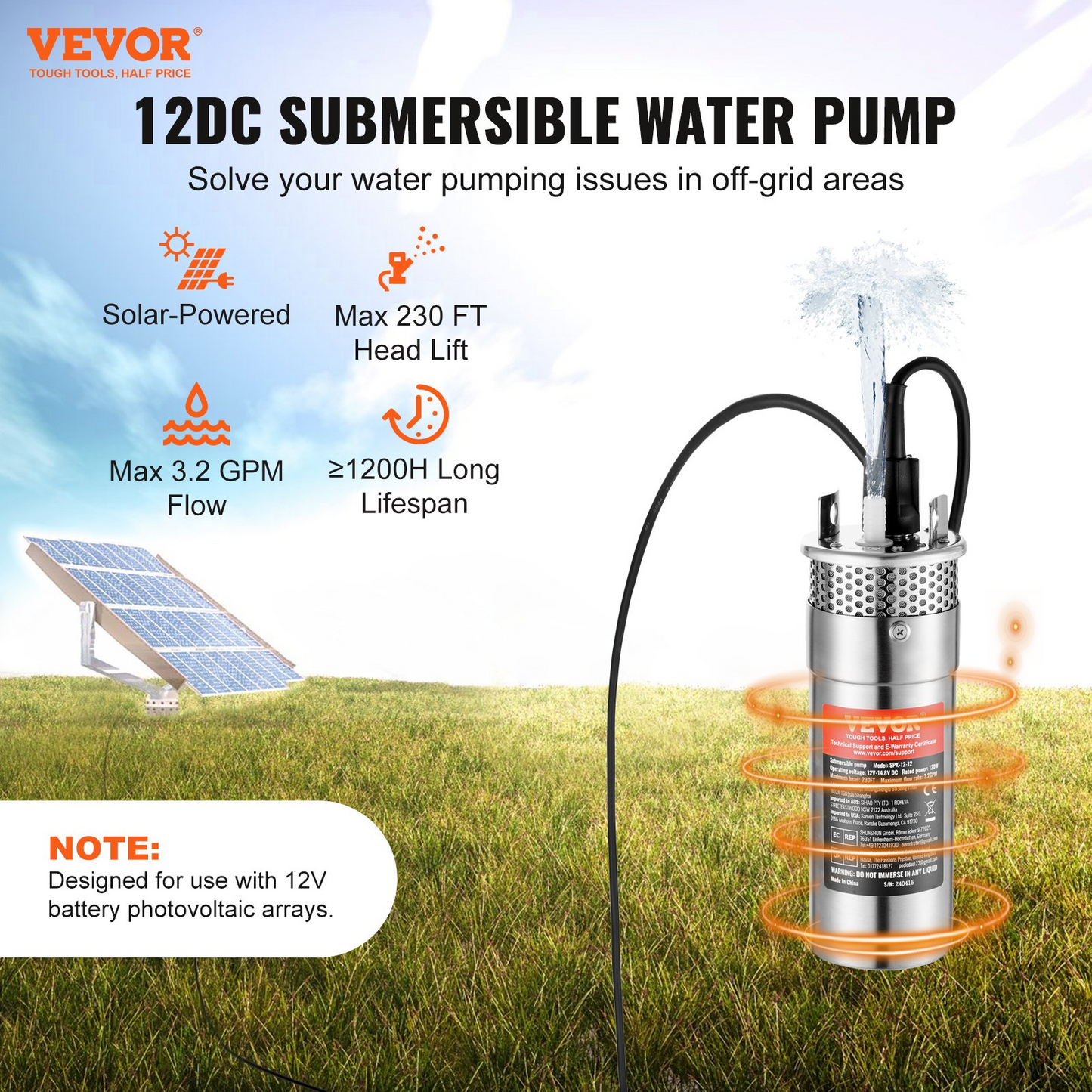 VEVOR Solar Water Pump, 12V DC 120W Submersible Deep Well Pump, Max Flow 3.2 GPM, Max Head 230 ft, Max Submersion 98.4 ft, Solar Powered Water Pump for Well, Farm Ranch Irrigation, Livestock Drinking