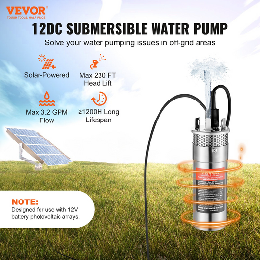 VEVOR Solar Water Pump, 12V DC 120W Submersible Deep Well Pump, Max Flow 3.2 GPM, Max Head 230 ft, Max Submersion 98.4 ft, Solar Powered Water Pump for Well, Farm Ranch Irrigation, Livestock Drinking