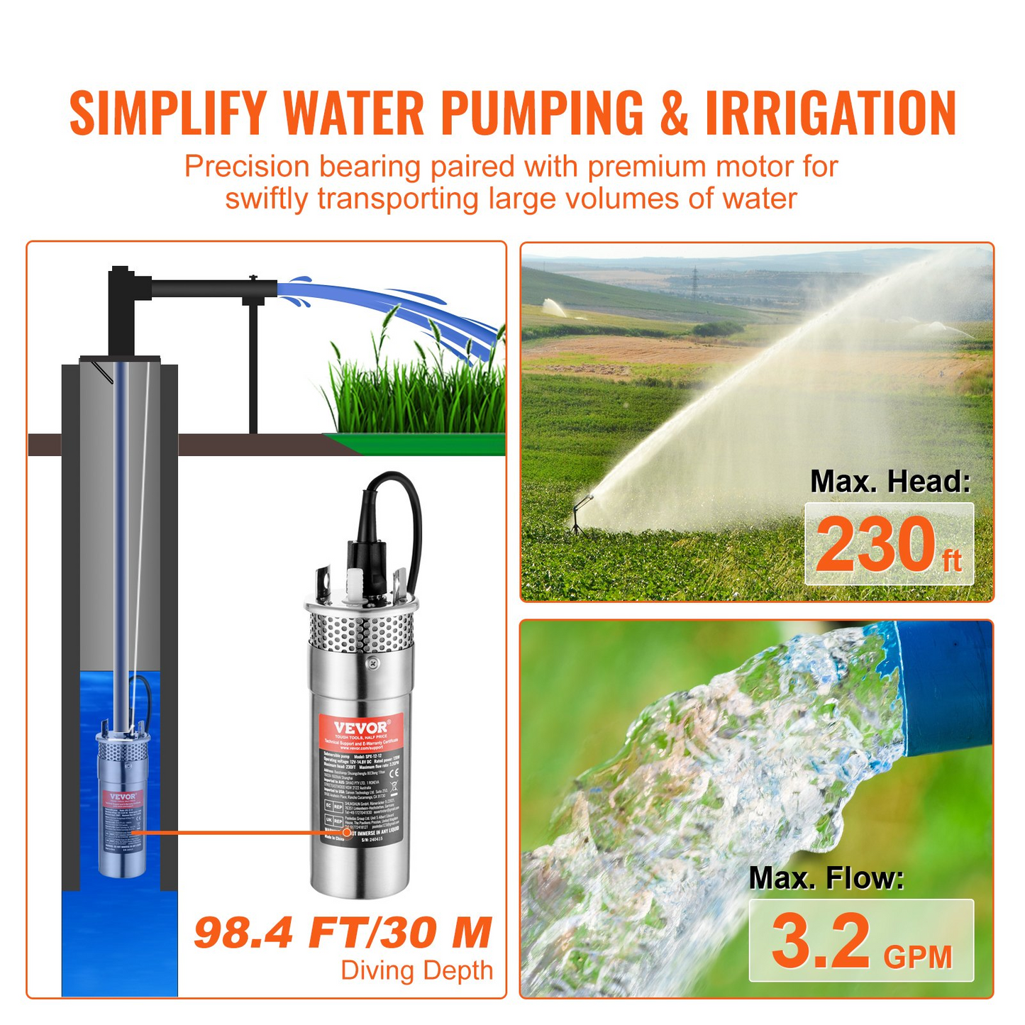 VEVOR Solar Water Pump, 12V DC 120W Submersible Deep Well Pump, Max Flow 3.2 GPM, Max Head 230 ft, Max Submersion 98.4 ft, Solar Powered Water Pump for Well, Farm Ranch Irrigation, Livestock Drinking