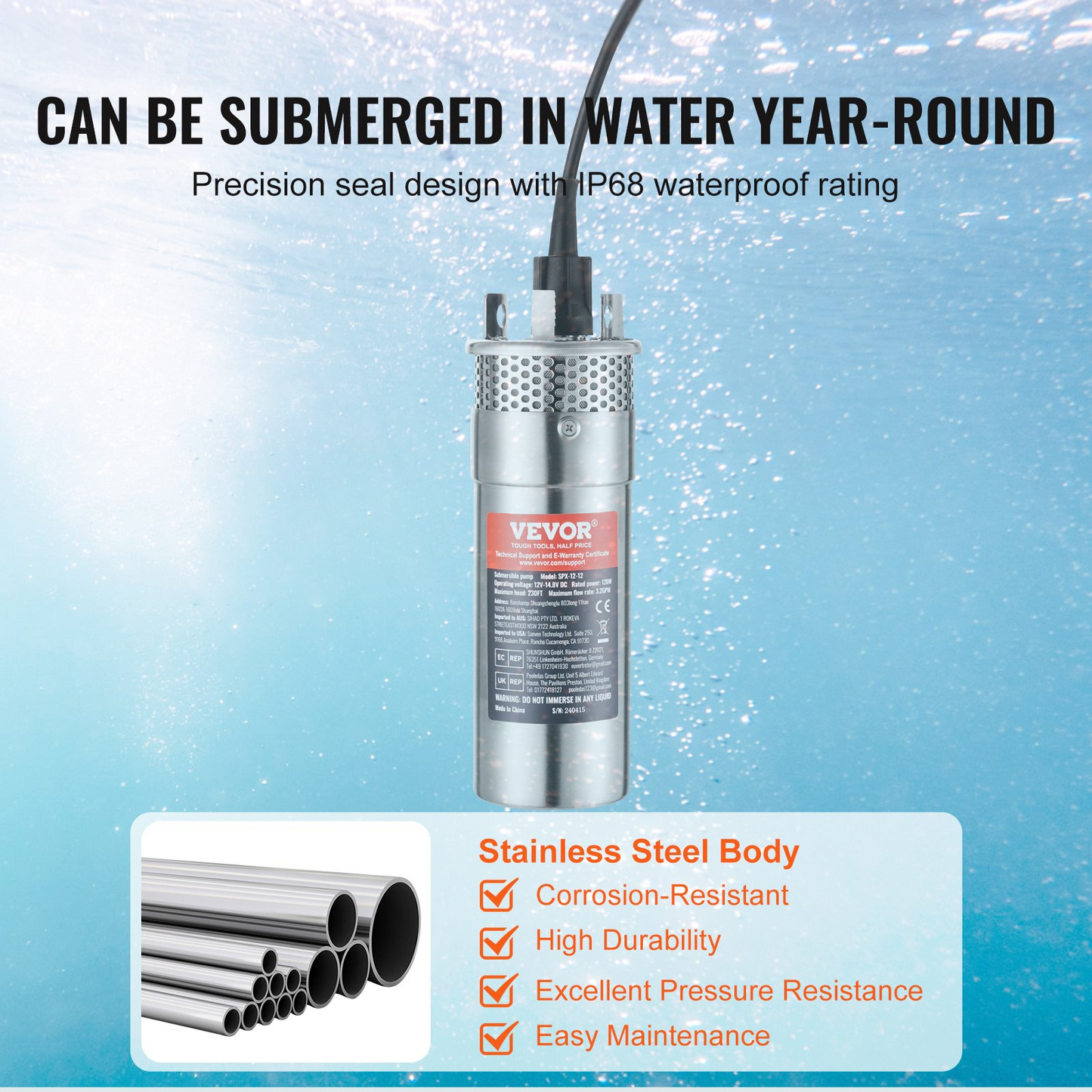 VEVOR Solar Water Pump, 12V DC 120W Submersible Deep Well Pump, Max Flow 3.2 GPM, Max Head 230 ft, Max Submersion 98.4 ft, Solar Powered Water Pump for Well, Farm Ranch Irrigation, Livestock Drinking