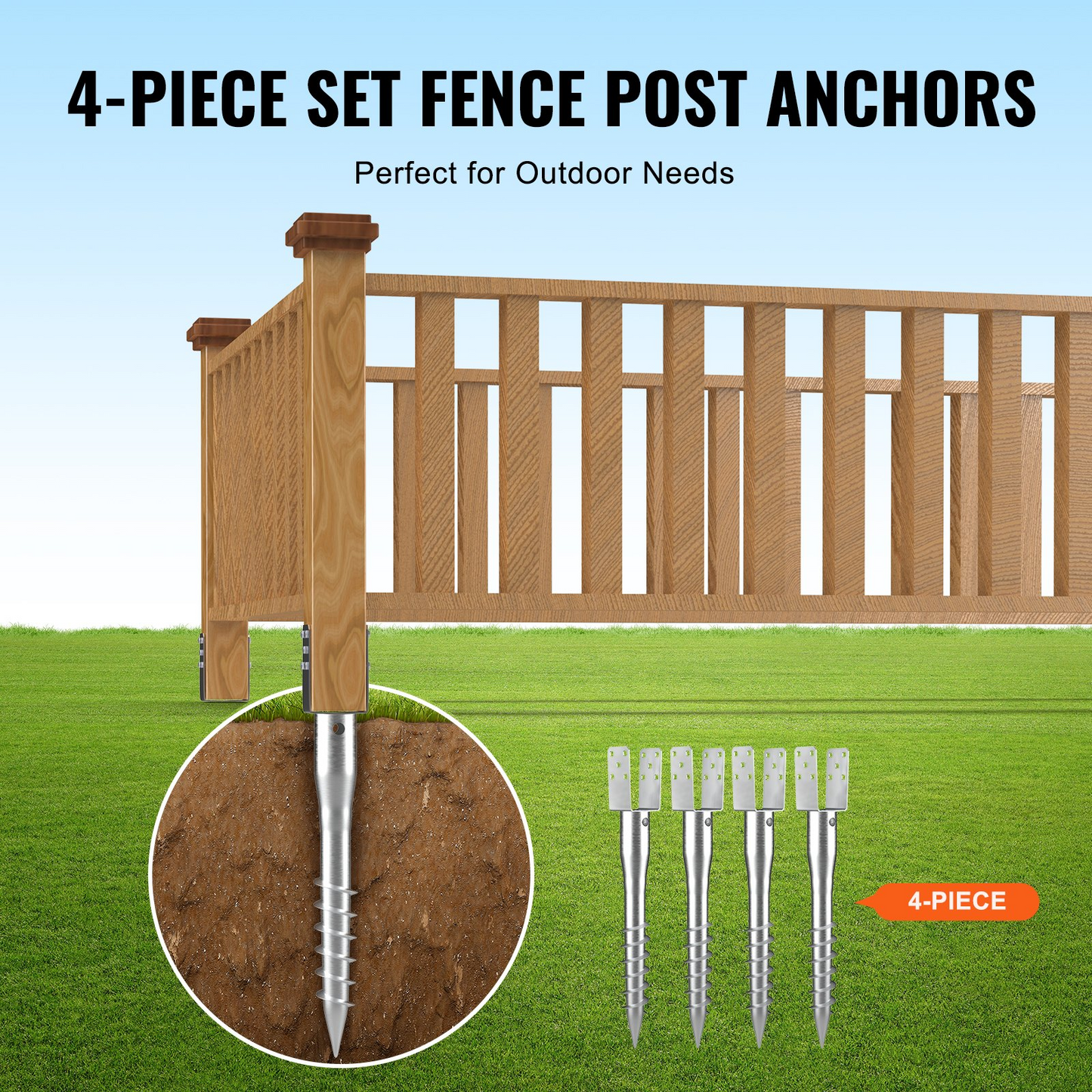 VEVOR No Dig Ground Anchor, 4 Pack 3.94 x 2.76 x 27.56 in DIY Screw in Post Stake, Includes 6 Lag Bolts & a Rebar, U-Shape Heavy Duty Steel Post Holder, Great for Mailbox Posts and Fence Posts