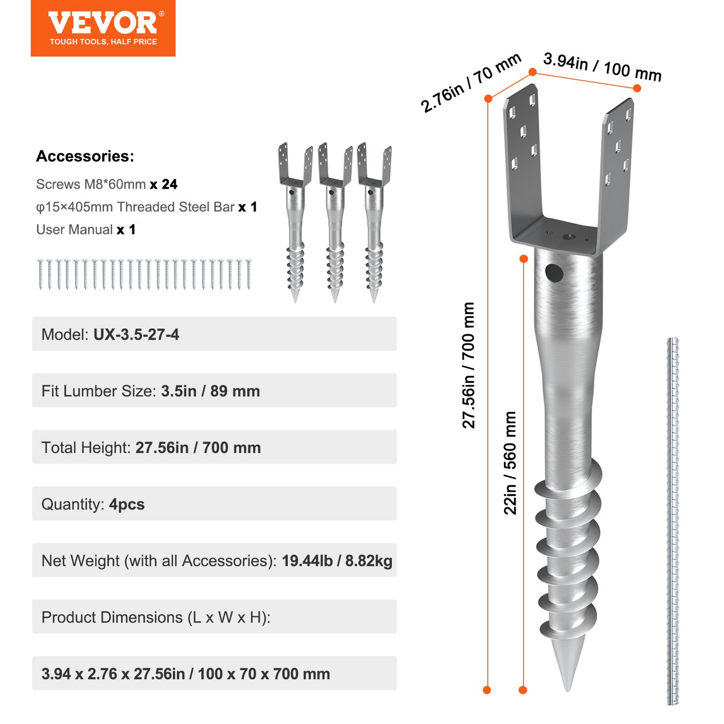 VEVOR No Dig Ground Anchor, 4 Pack 3.94 x 2.76 x 27.56 in DIY Screw in Post Stake, Includes 6 Lag Bolts & a Rebar, U-Shape Heavy Duty Steel Post Holder, Great for Mailbox Posts and Fence Posts