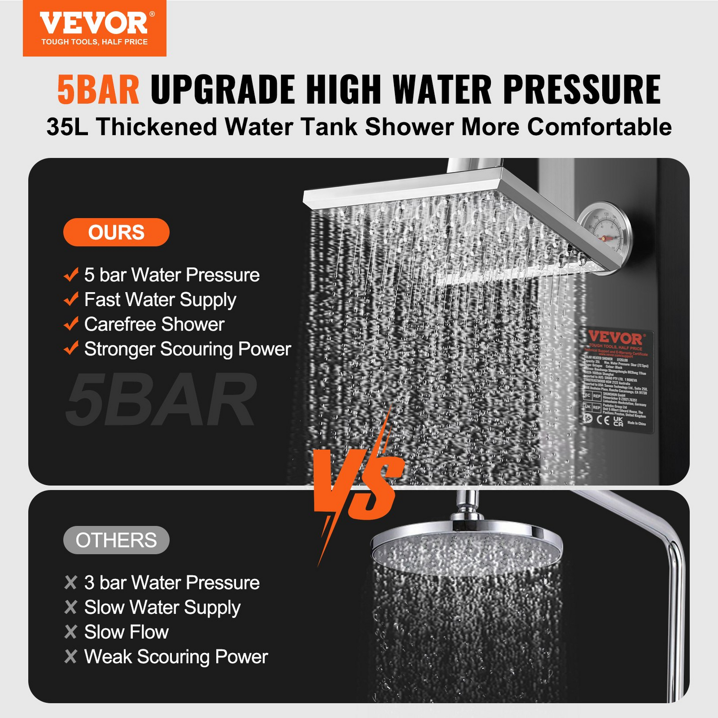 VEVOR Outdoor Solar Heated Shower, 9.25 Gallon Poolside Shower Kit with Shower Head and Foot Shower Tap, Double Buckle Fast Assembly W/ Pre-Drilled Holes for Outdoor Backyard Poolside Beach Spa