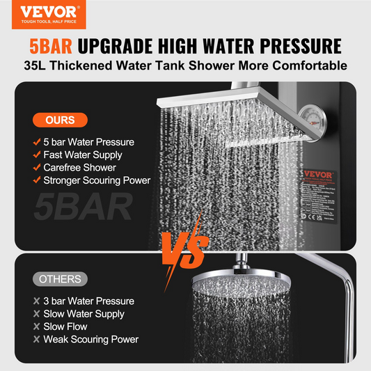 VEVOR Outdoor Solar Heated Shower, 9.25 Gallon Poolside Shower Kit with Shower Head and Foot Shower Tap, Double Buckle Fast Assembly W/ Pre-Drilled Holes for Outdoor Backyard Poolside Beach Spa