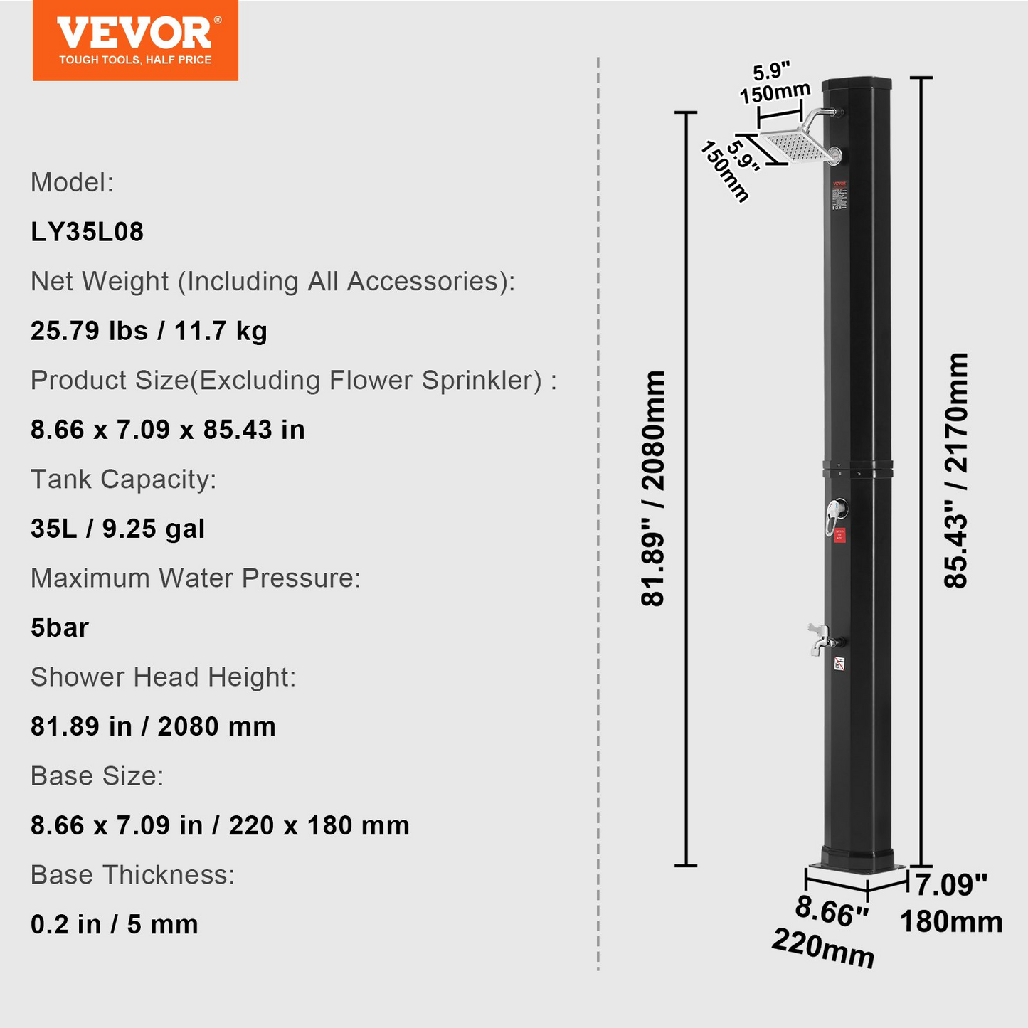 VEVOR Outdoor Solar Heated Shower, 9.25 Gallon Poolside Shower Kit with Shower Head and Foot Shower Tap, Double Buckle Fast Assembly W/ Pre-Drilled Holes for Outdoor Backyard Poolside Beach Spa