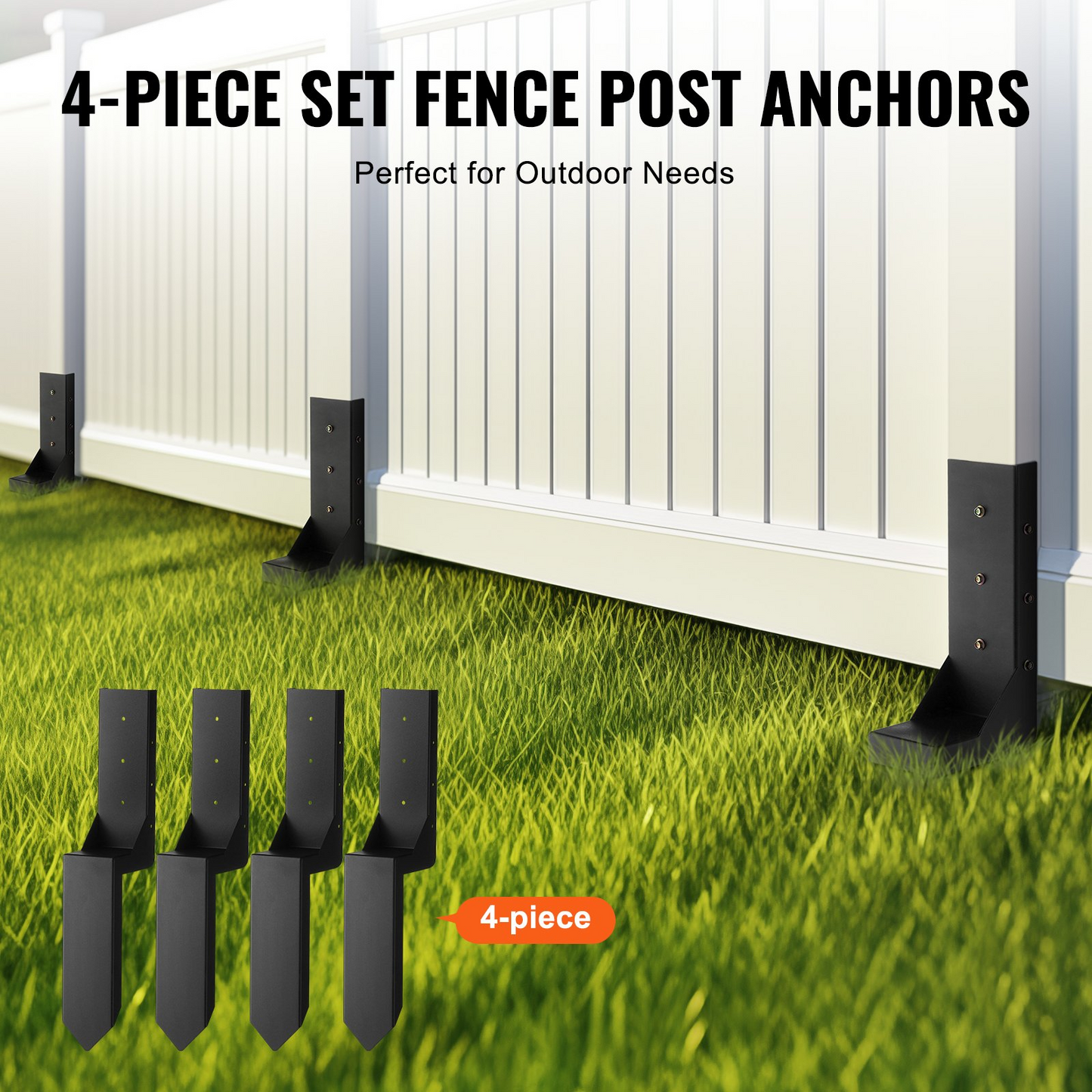 VEVOR Fence Post Anchor Repair Kit, 4 Pack Inner Diameter 3.5 x3.5 Inches Heavy Duty Steel Fence Post Support Stakes, Anchor Ground Spike for Repair Tilted, Broken Wood Fence Post, Enveloping