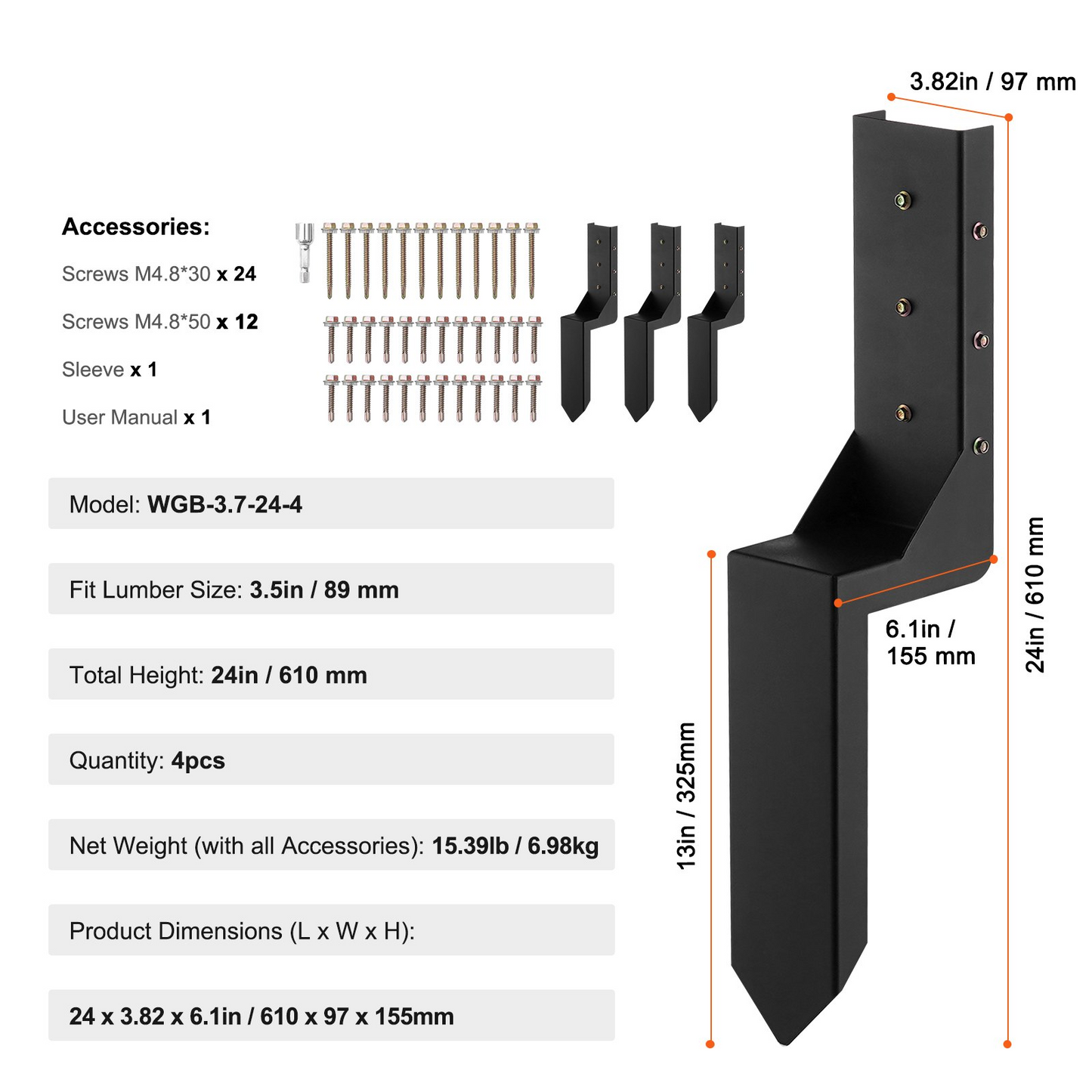 VEVOR Fence Post Anchor Repair Kit, 4 Pack Inner Diameter 3.5 x3.5 Inches Heavy Duty Steel Fence Post Support Stakes, Anchor Ground Spike for Repair Tilted, Broken Wood Fence Post, Enveloping