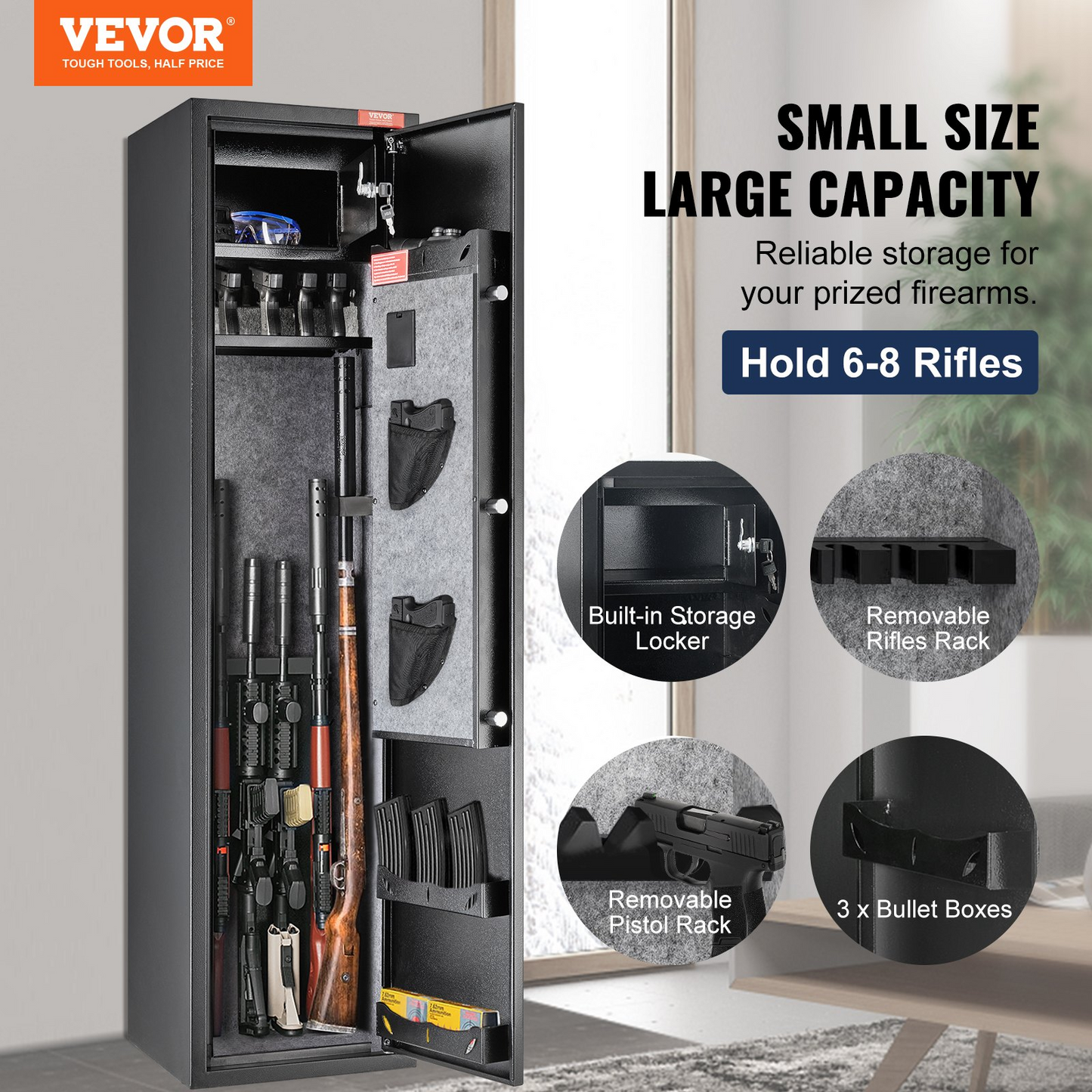 VEVOR 5 Rifles Gun Safe, Rifle Safe with Digital Keypad & Lock, Gun Storage Cabinet with Built-in Storage Locker, Removable Storage Shelf for Home Long Gun and Pistols