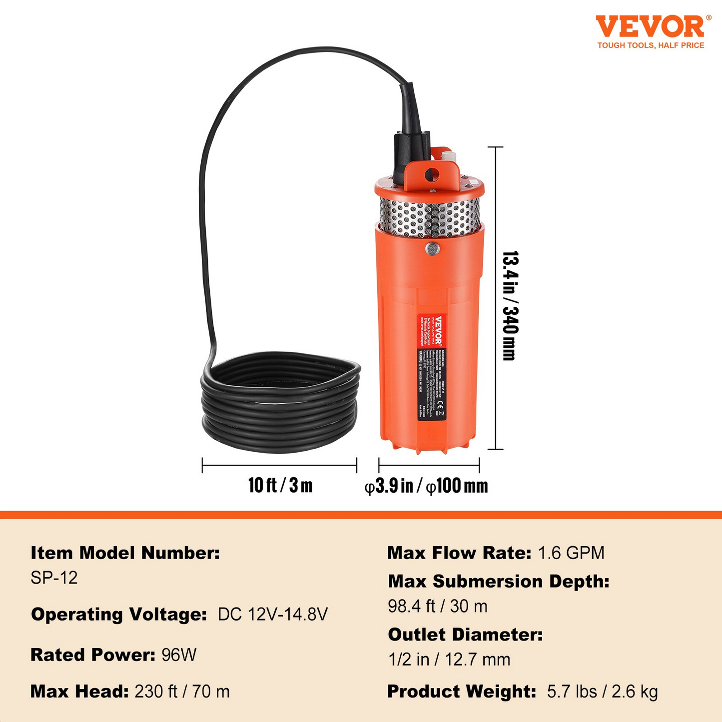 VEVOR Solar Water Pump, 12V DC 96W Submersible Deep Well Pump, Max Flow 1.6 GPM, Max Head 230 ft, Max Submersion 98.4 ft, Solar Powered Water Pump for Well, Farm Ranch Irrigation, Livestock Drinking