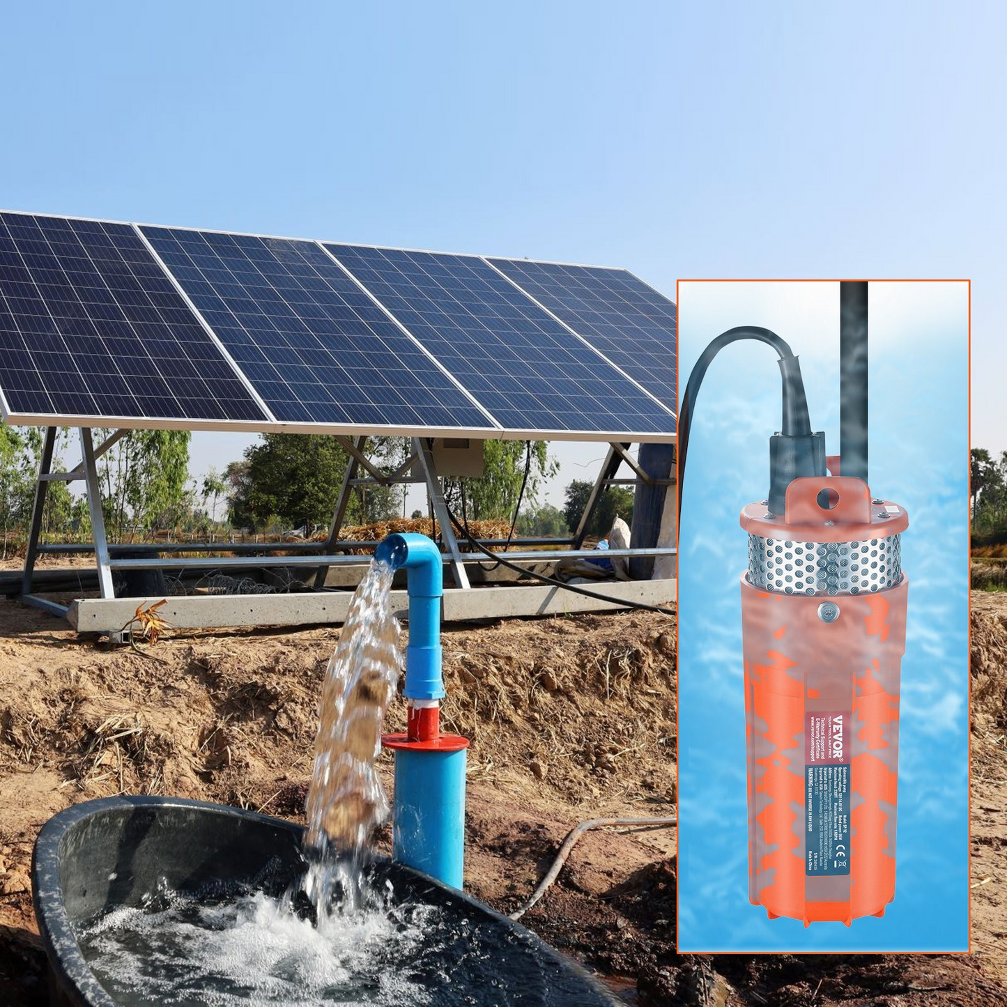 VEVOR Solar Water Pump, 12V DC 96W Submersible Deep Well Pump, Max Flow 1.6 GPM, Max Head 230 ft, Max Submersion 98.4 ft, Solar Powered Water Pump for Well, Farm Ranch Irrigation, Livestock Drinking