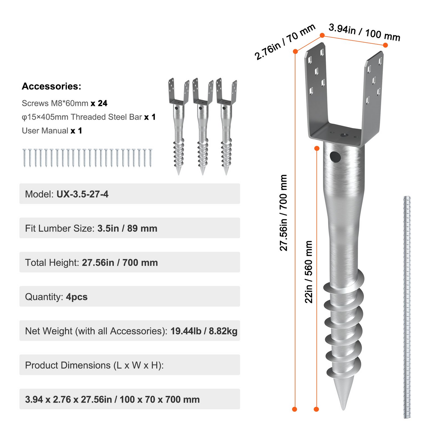 VEVOR No Dig Ground Anchor, 4 Pack 3.94 x 2.76 x 27.56 in DIY Screw in Post Stake, Includes 6 Lag Bolts & a Rebar, U-Shape Heavy Duty Steel Post Holder, Great for Mailbox Posts and Fence Posts