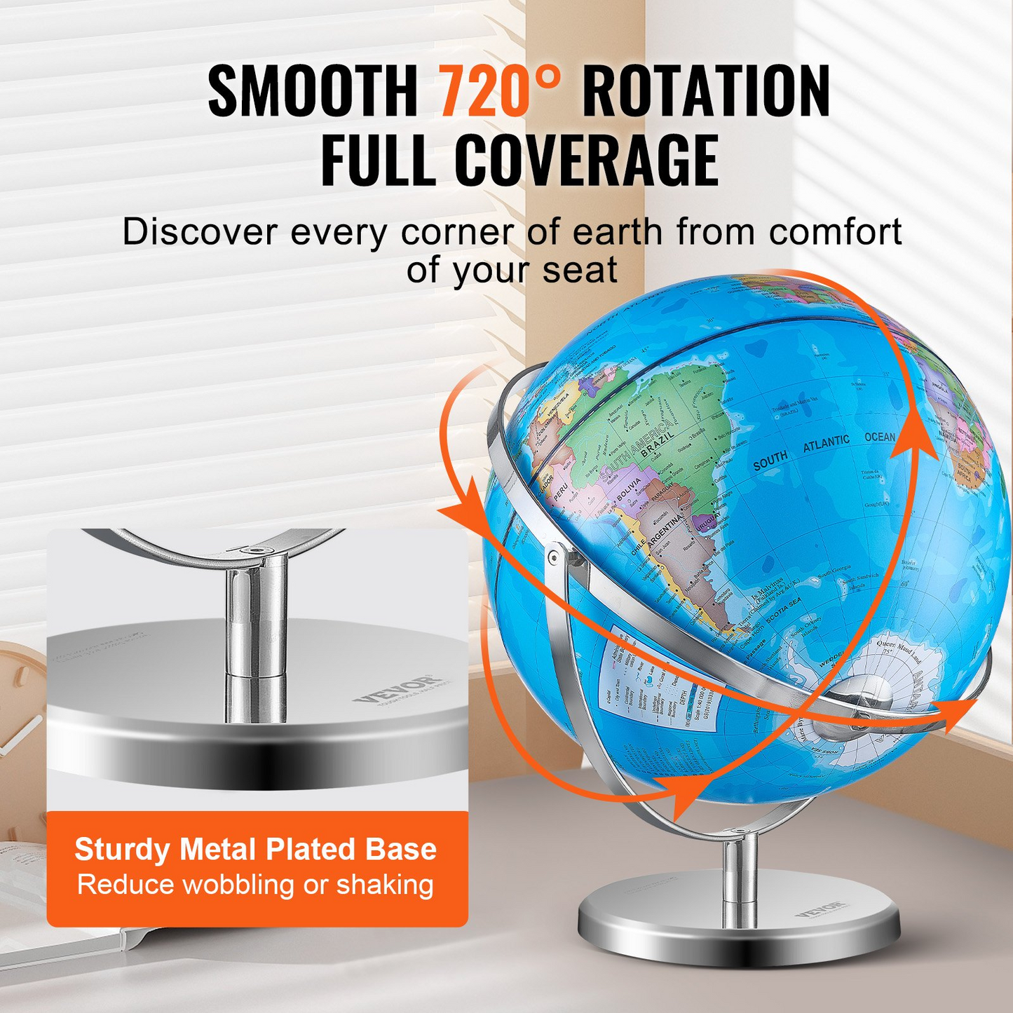 VEVOR Rotating World Globe with Stand, 13 in/330.2 mm, Educational Geographic Globe with Precise Time Zone ABS Material, 720° Spinning Globe for Kids Children Learning Classroom Geography Education