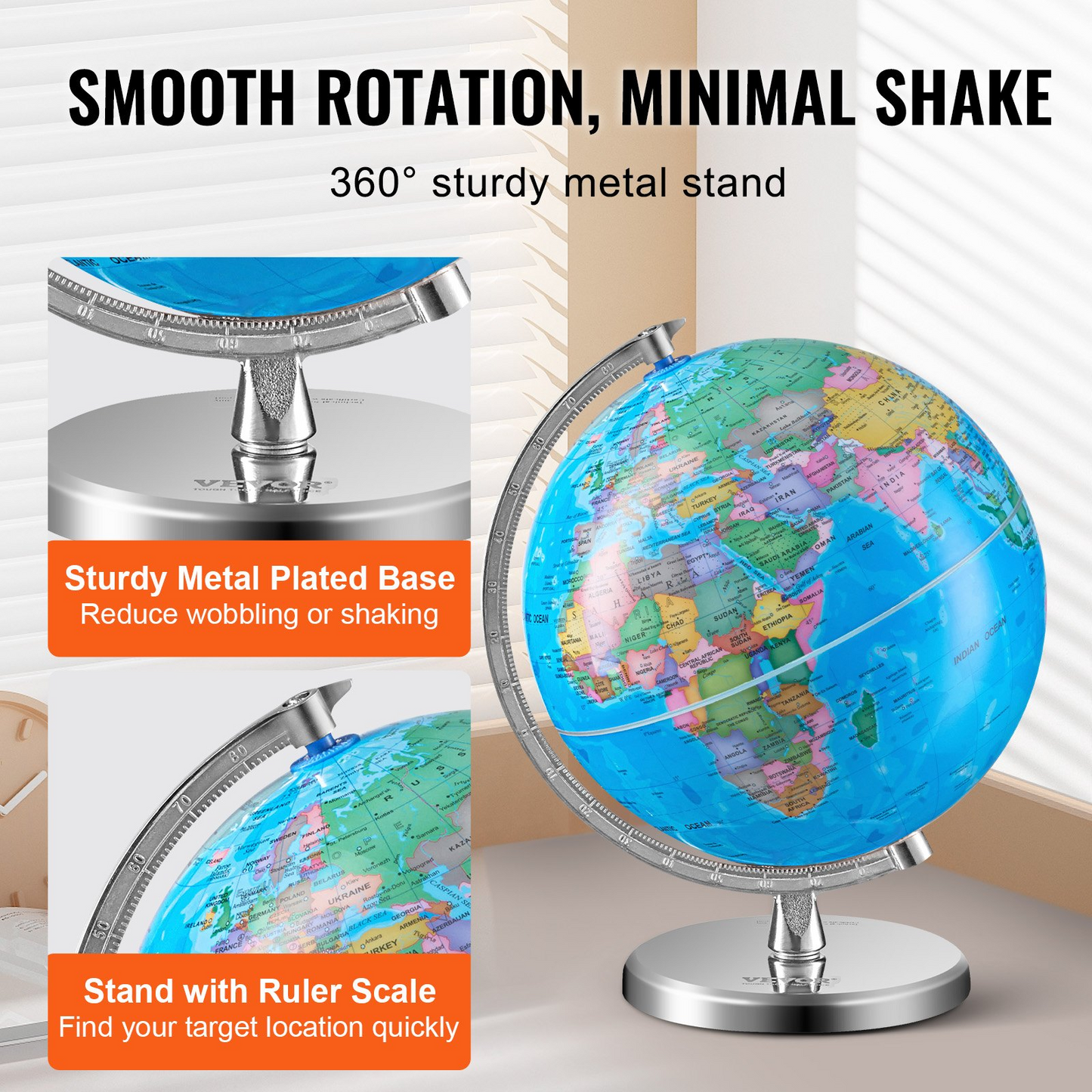 VEVOR Rotating World Globe with Stand, 8 in/203.2 mm, Educational Geographic Globe with Precise Time Zone ABS Material, 360° Spinning Globe for Kids Children Learning Classroom Geography Education