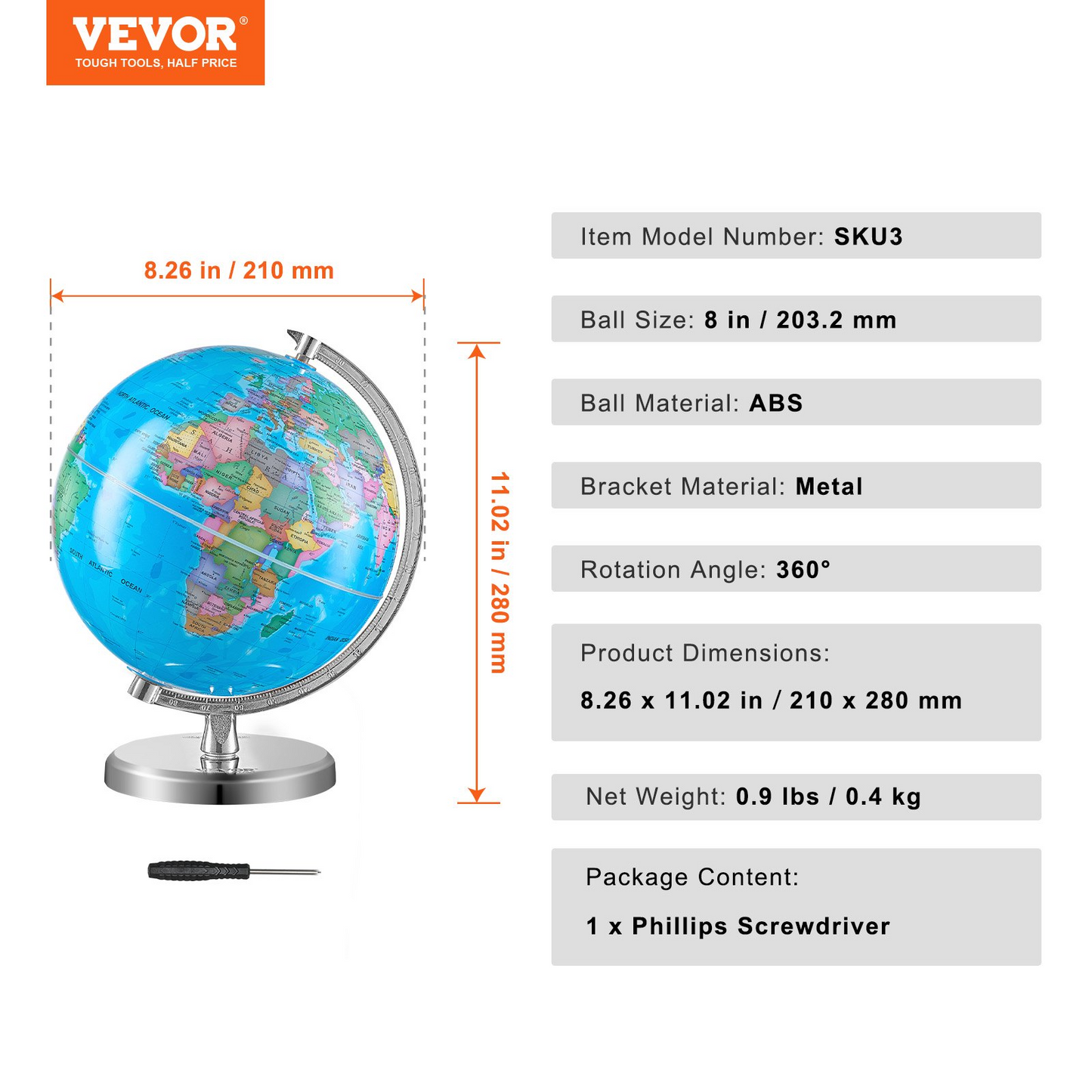 VEVOR Rotating World Globe with Stand, 8 in/203.2 mm, Educational Geographic Globe with Precise Time Zone ABS Material, 360° Spinning Globe for Kids Children Learning Classroom Geography Education