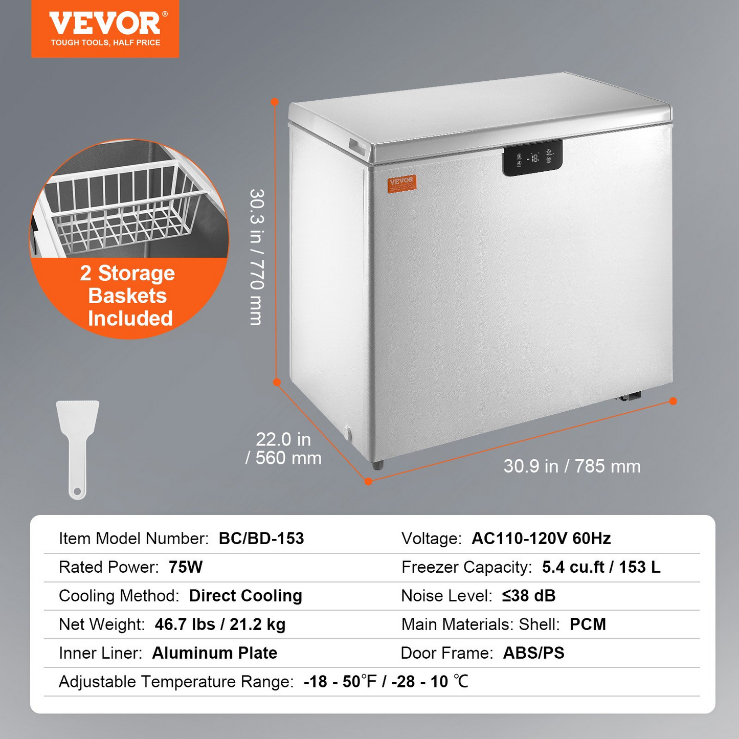 VEVOR Chest Freezer, 5.4 Cu.ft / 153 L Compact Deep Freezer, Free Standing Top Open Door Compact Freezers with 2 Removable Baskets & Adjustable Thermostat, Energy Saving & Low Noise, White