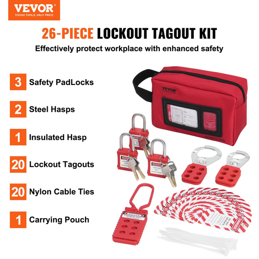 VEVOR Electrical Lockout Tagout Kit, 26 PCS Safety Loto Kit Includes Padlocks, Hasps, Tags, Nylon Ties, and Carrying Bag, Lockout Tagout Safety Tools for Industrial, Electric Power, Machinery