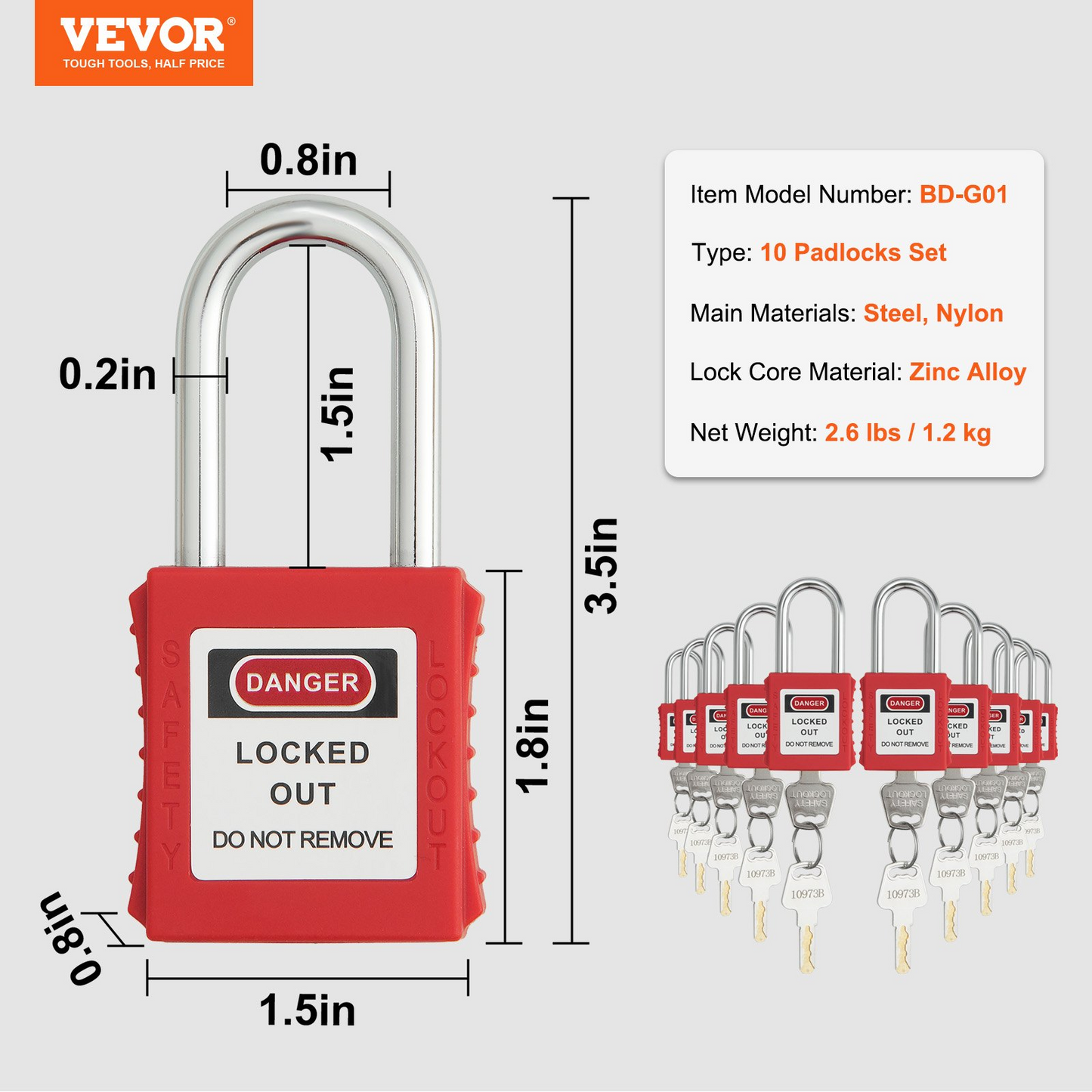 VEVOR Lockout Tagout Locks Set, 10 PCS Red Safety Lockout Padlocks, with 2 Keys Per Lock, OSHA Compliant Lockout Locks, Lock Out Tag Out Safety Padlocks for Electrical Lockout Tag Out Kits