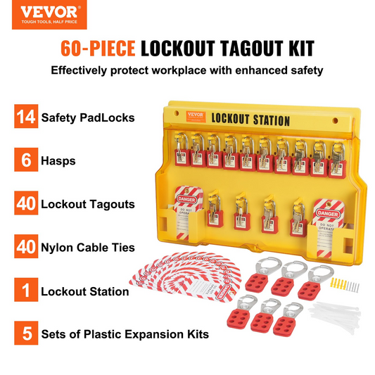 VEVOR Electrical Lockout Tagout Kit, 60 PCS Safety Lockout Tagout Station Includes Padlocks, Hasps, Tags, Nylon Ties, Expansion Kit, and Lockout Station Board, for Industrial, Electric Power