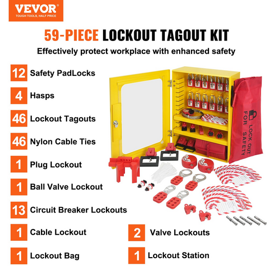 VEVOR Electrical Lockout Tagout Kit, 59 PCS Safety Lockout Tagout Station With Padlocks, Hasps, Tags, Ties, Plug Lockout, Circuit Breaker Lockouts, Valve Lockouts, Cable Lockout, Lockout Bag, Box