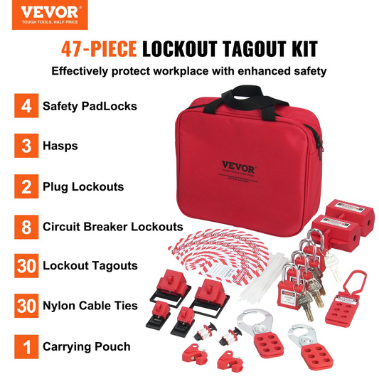 VEVOR Electrical Lockout Tagout Kit, 47 PCS Safety Loto Kit Includes Padlocks, Hasps, Tags, Nylon Ties, Plug Lockouts, Circuit Breaker Lockouts, and Carrying Bag, for Industrial, Electric Power