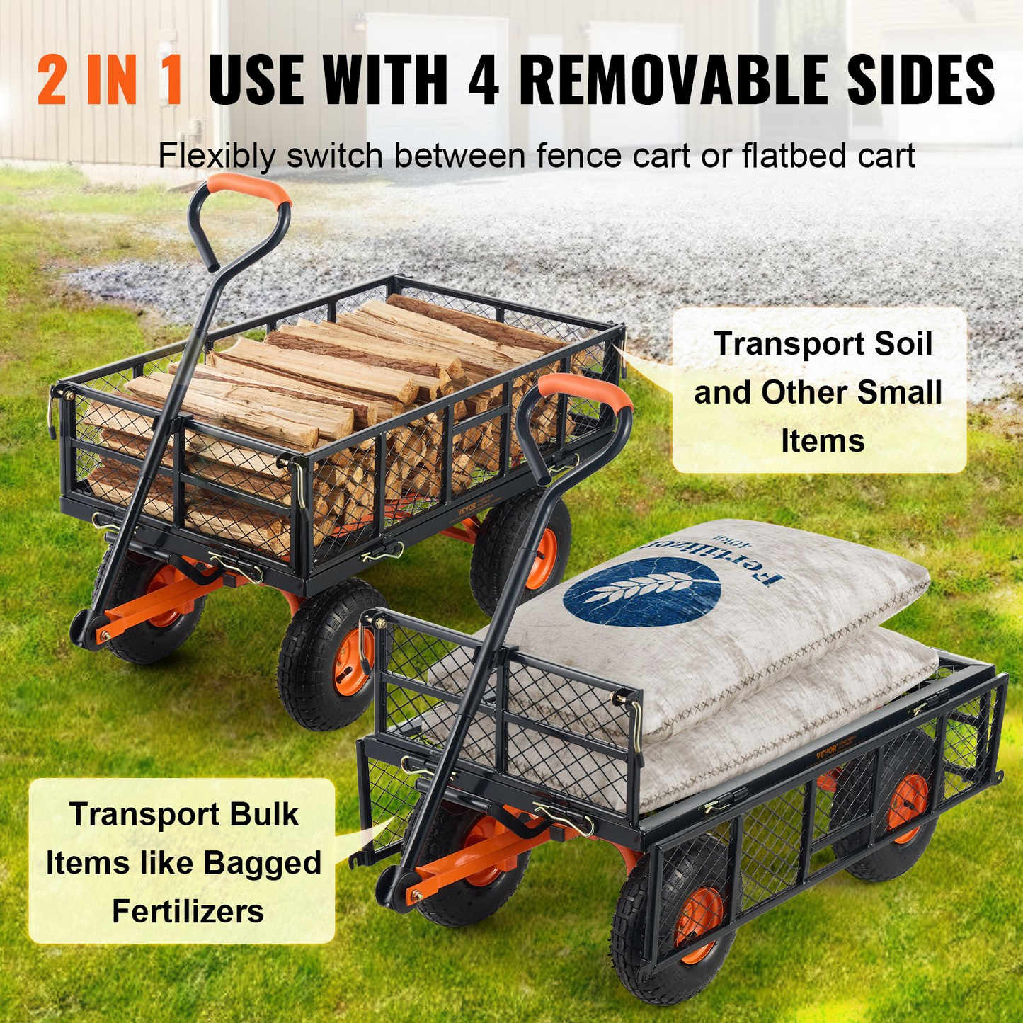 VEVOR Dump Cart, Metal Garden Dump Cart with Easy to Assemble Frame, Dump Wagon with 2-in-1 Convertible Handle, Utility Wheelbarrow 880 lbs Capacity, 10 inch Tires