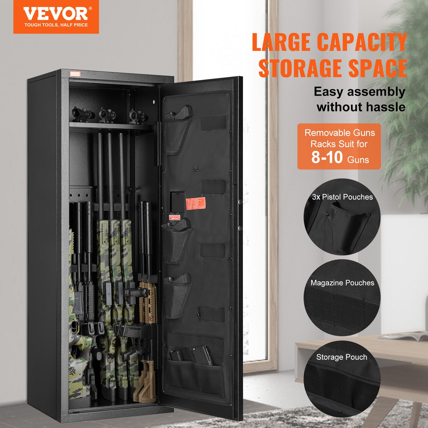 VEVOR 8-10 Rifles Gun Safe, Rifle Safe with Lock & Digital Keypad, Quick Access Tall Gun Storage Cabinet with Removable Shelf, Rifle Cabinet for Home Rifle and Shotguns