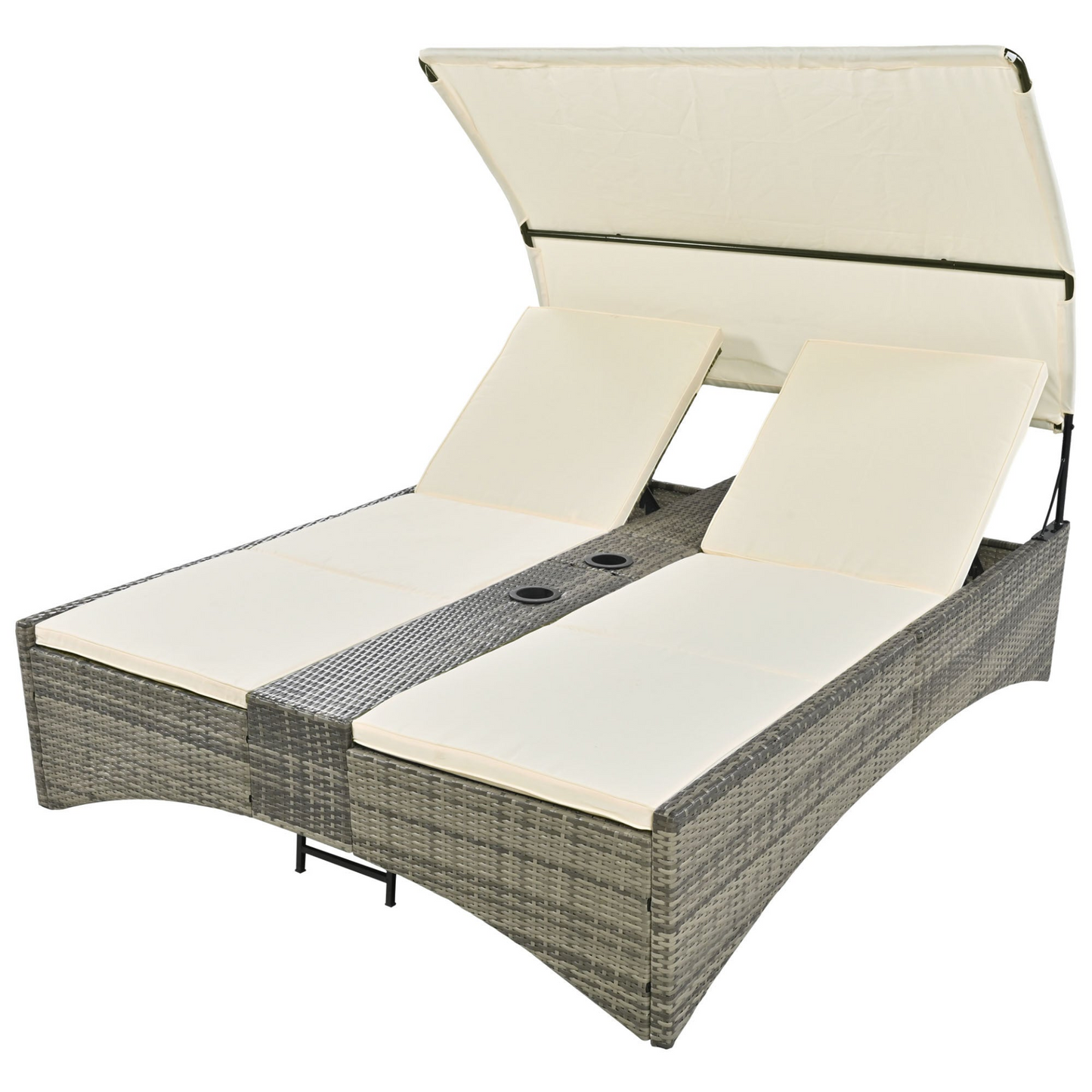 Patio Daybed Outdoor Daybed Outdoor Rattan Sun Lounger with Shelter Roof with Adjustable Backrest, Storage Box and 2 Cup Holders for Patio, Balcony, Poolside,Cream