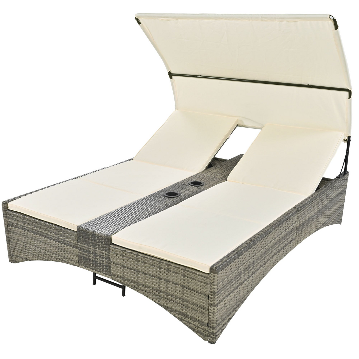 Patio Daybed Outdoor Daybed Outdoor Rattan Sun Lounger with Shelter Roof with Adjustable Backrest, Storage Box and 2 Cup Holders for Patio, Balcony, Poolside,Cream