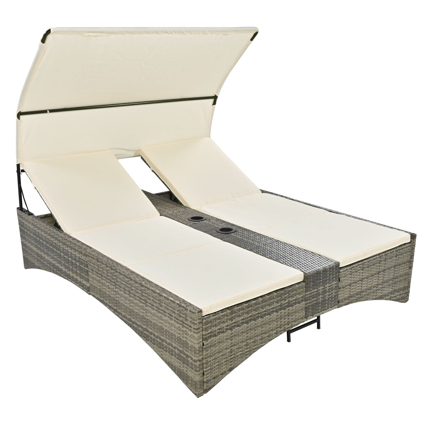 Patio Daybed Outdoor Daybed Outdoor Rattan Sun Lounger with Shelter Roof with Adjustable Backrest, Storage Box and 2 Cup Holders for Patio, Balcony, Poolside,Cream