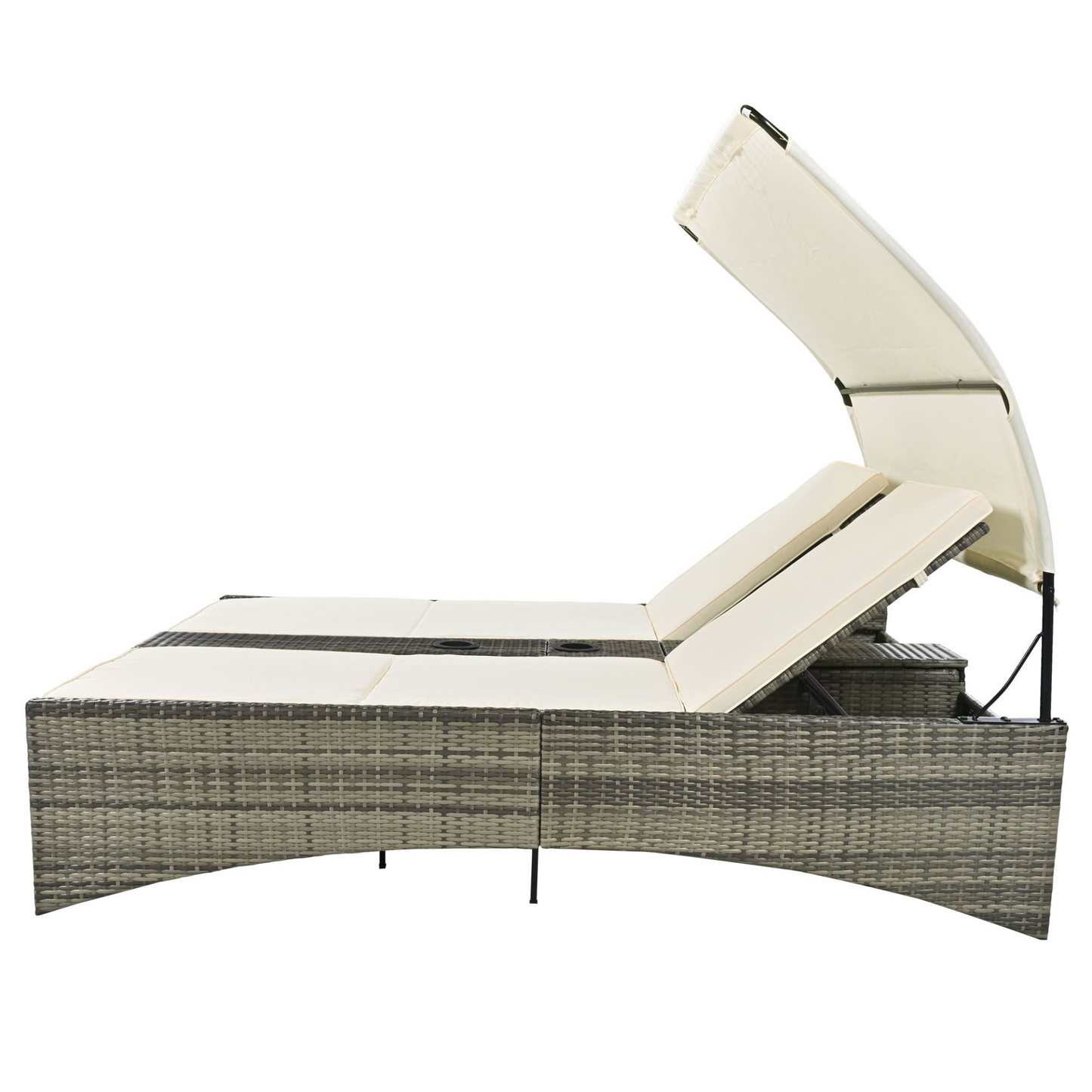 Patio Daybed Outdoor Daybed Outdoor Rattan Sun Lounger with Shelter Roof with Adjustable Backrest, Storage Box and 2 Cup Holders for Patio, Balcony, Poolside,Cream